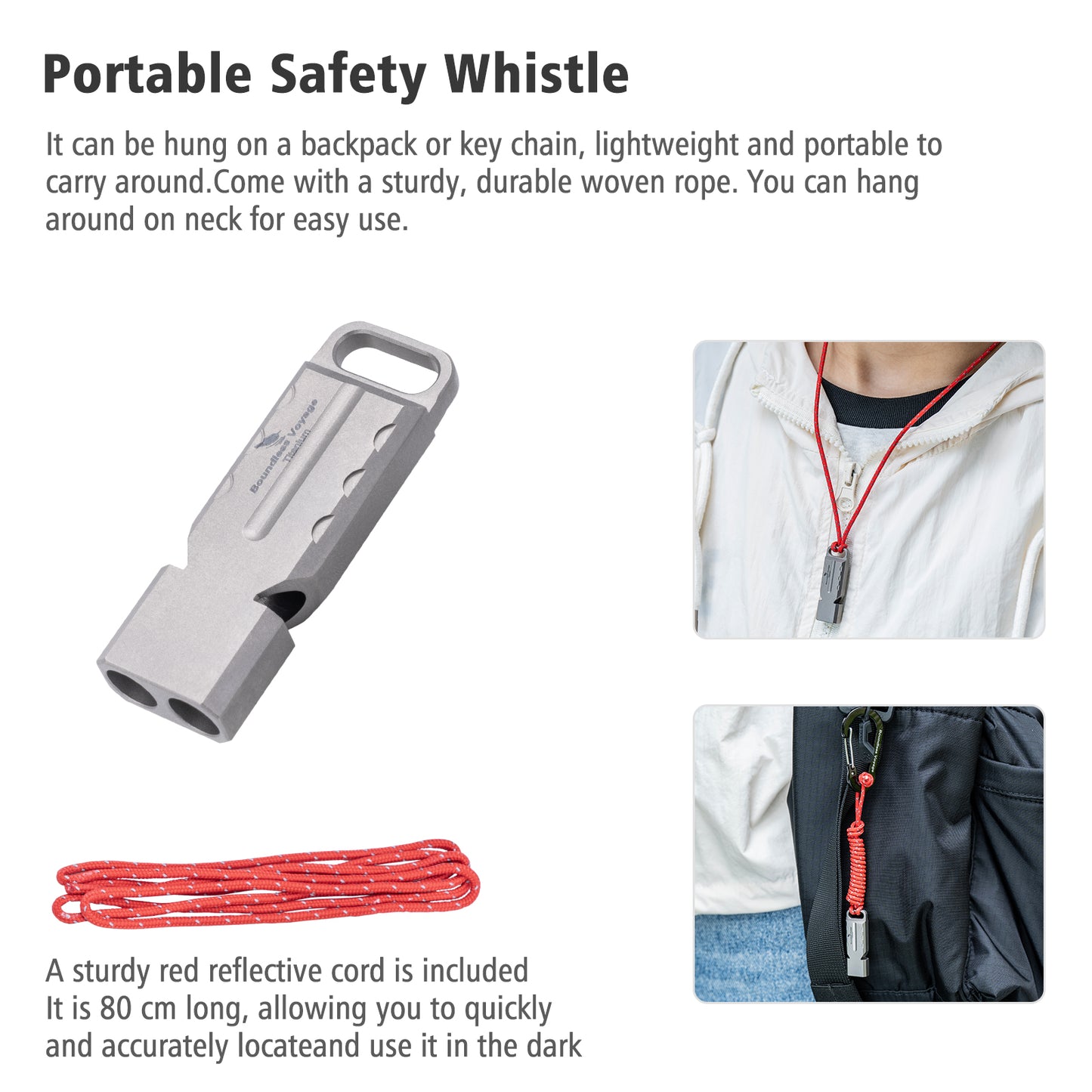 Boundless Voyage Titanium Dual Tube Survival Whistle, High Decibel Emergency Whistle, Lightweight & Durable Outdoor Safety Whistle for Camping Hiking Backpacking Ti9029O