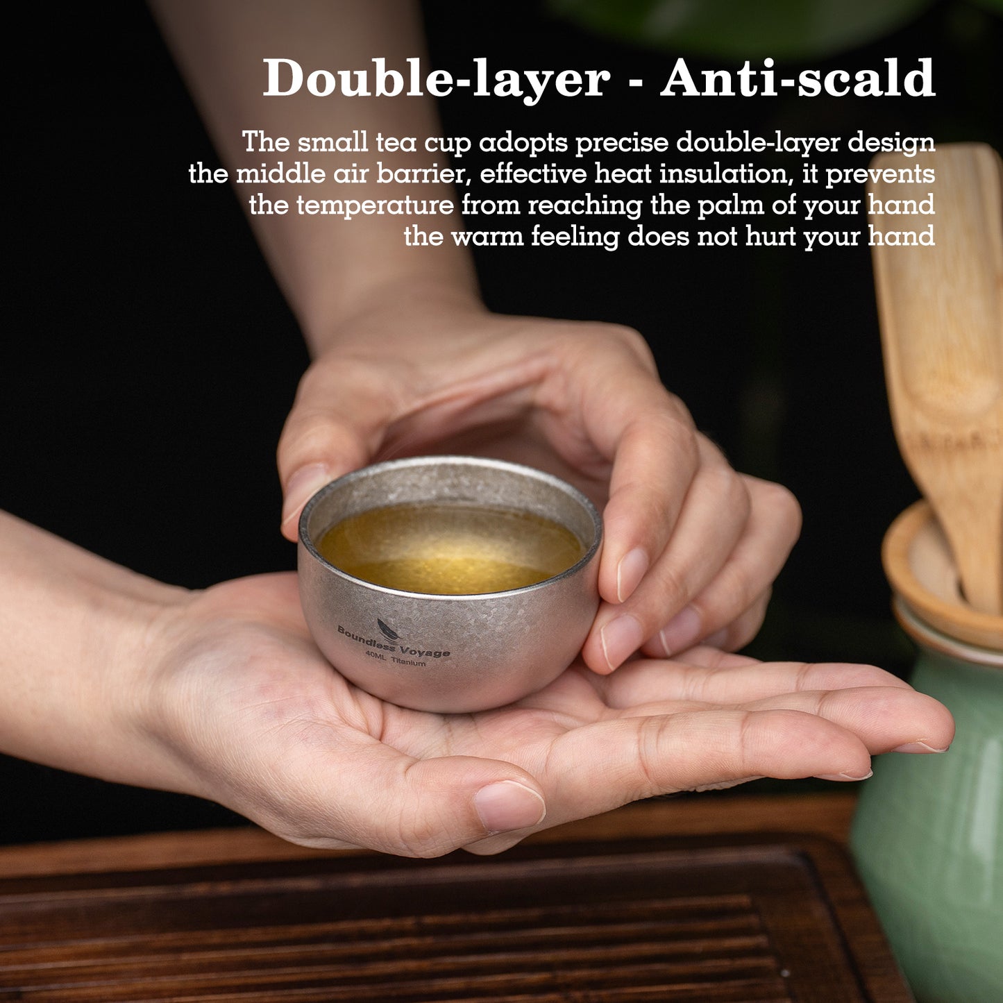 Boundless Voyage 40ml High-Temp Crystalline Finish Double-Wall Titanium Sake Cup & Kung Fu Tea Cup, Portable Mini Mug for Camping, Picnic & Daily Home Use Ti3204D