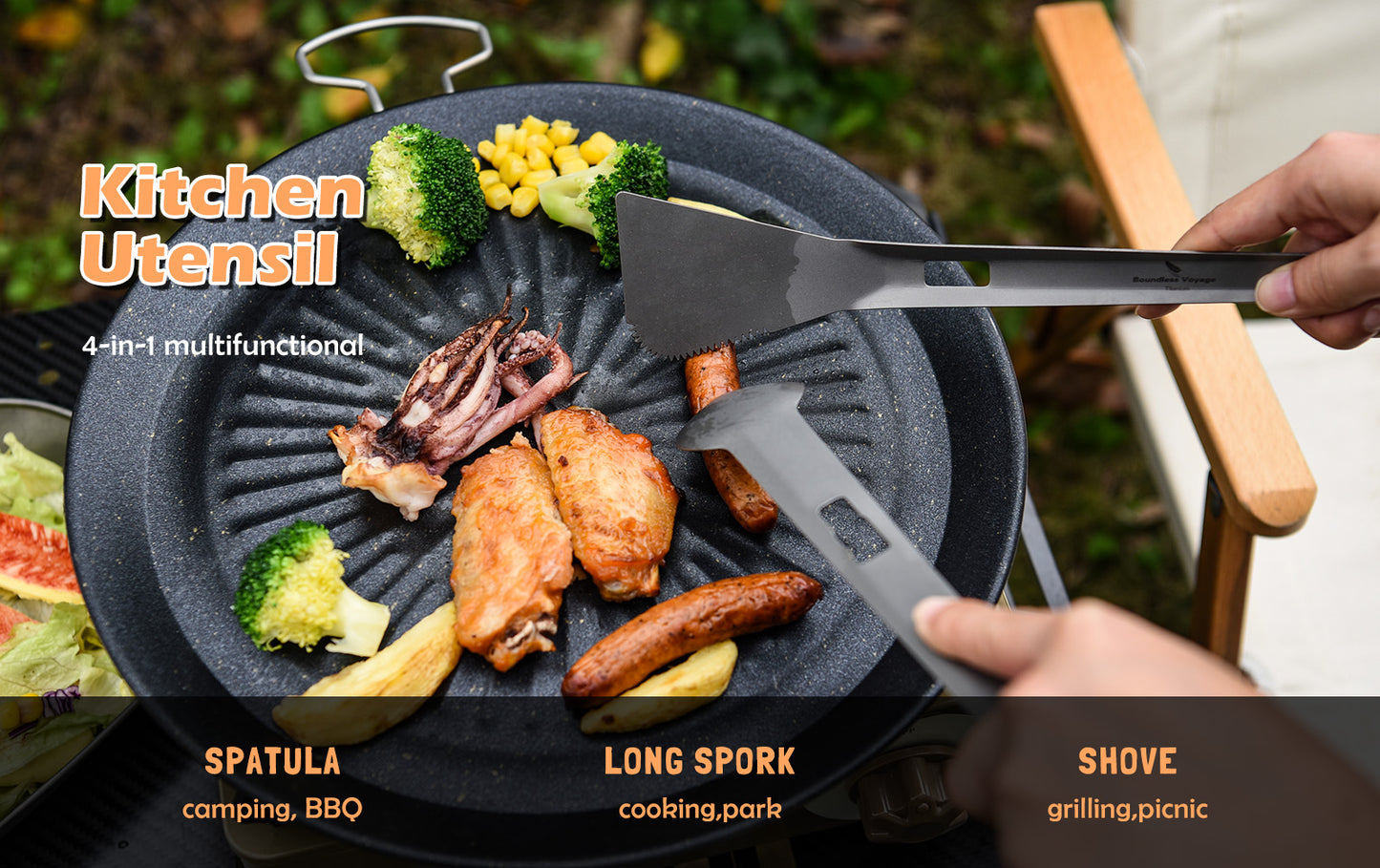 Boundless Voyage Titanium Alloy 4-in-1 Multi Utensil, Integrated Tong Spork Shovel Spatula, Lightweight Portable Cookware for Camping Backpacking Travel Outdoor Cooking Ti1080T