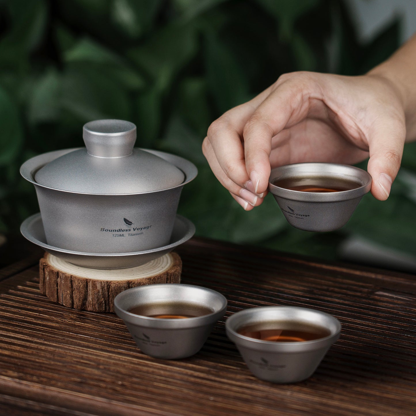 Boundless Voyage 125ml Sandblasted Finish Titanium Double-Walled Teapot, Traditional Chinese Three-Talent Triad Covered Tea Bowl Kung Fu Gaiwan,Anti-Scald Tea Set for Home Tea Ceremony & Camping Ti3142D