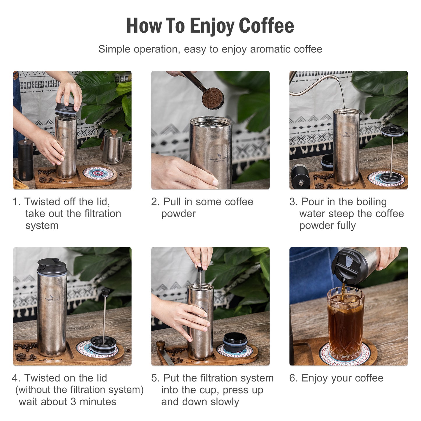 Boundless Voyage 450ml Double-Walled Insulated Titanium French Press Coffee Tumbler with Lid, Portable Filter Coffee Mug for Travel Daily Use Ti3255D