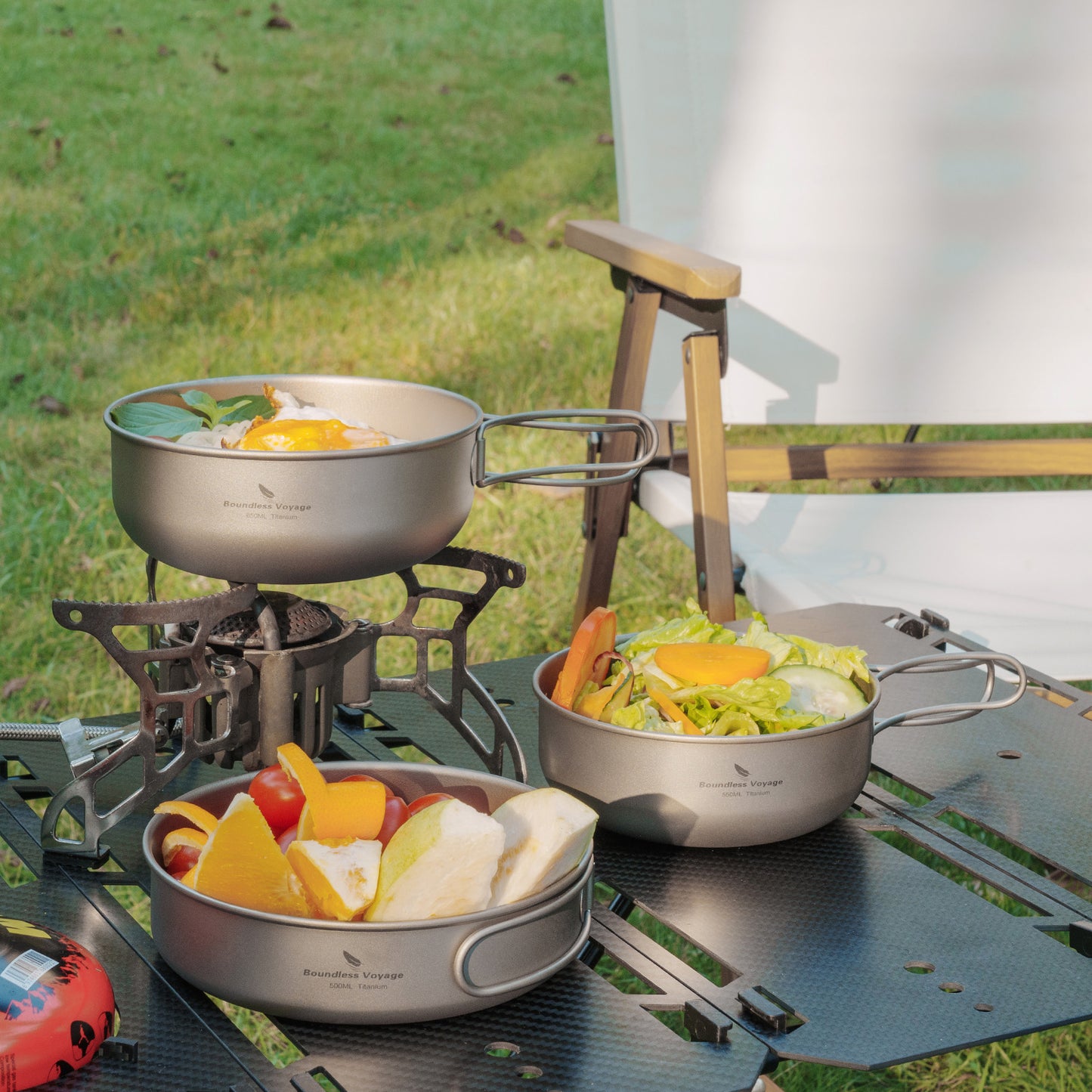 Boundless Voyage 3Pcs Pure Titanium Cookware Set, Ultralight Outdoor Camping Bowl & Frying Pan Mess Kit 500ml/550ml/650ml for Picnic Backpacking Ti2031C