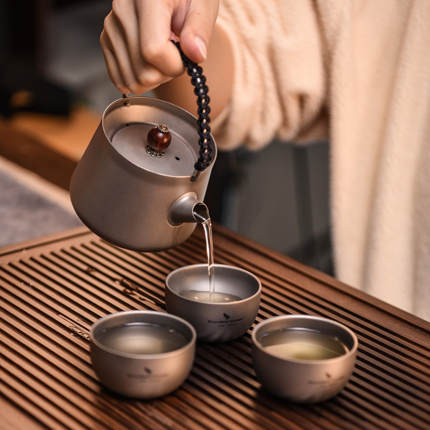 Boundless Voyage 40ml Sandblasted Matte Finish Double-Wall Titanium Sake Cup & Kung Fu Tea Cup, Portable Mini Mug for Camping, Picnic & Daily Home Use Ti3204D