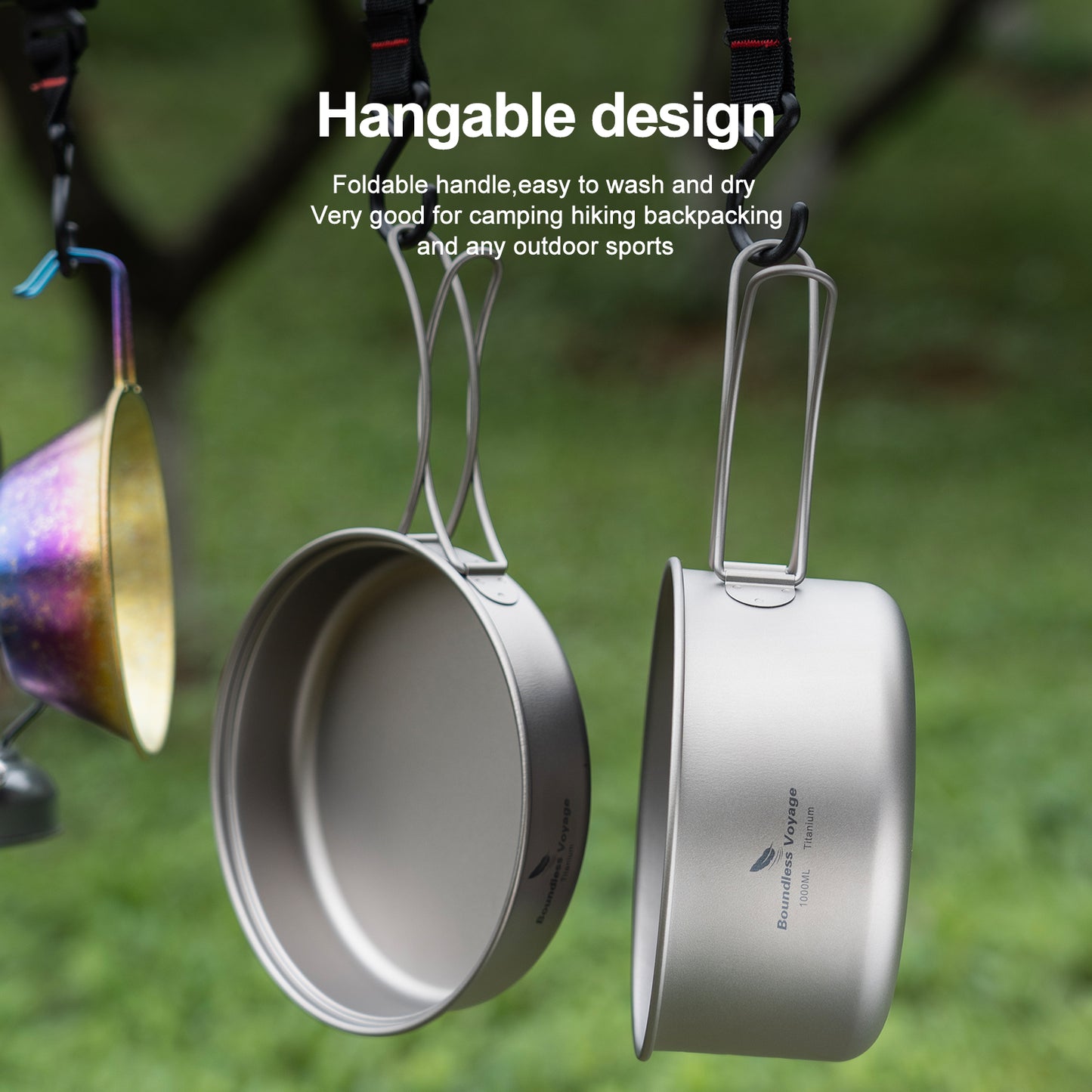 Boundless Voyage Titanium Pot & Pan Set with Collapsible Folding Handle, Portable Lightweight Cookware for Camping Hiking Backpacking Outdoor Cooking Ti2042C