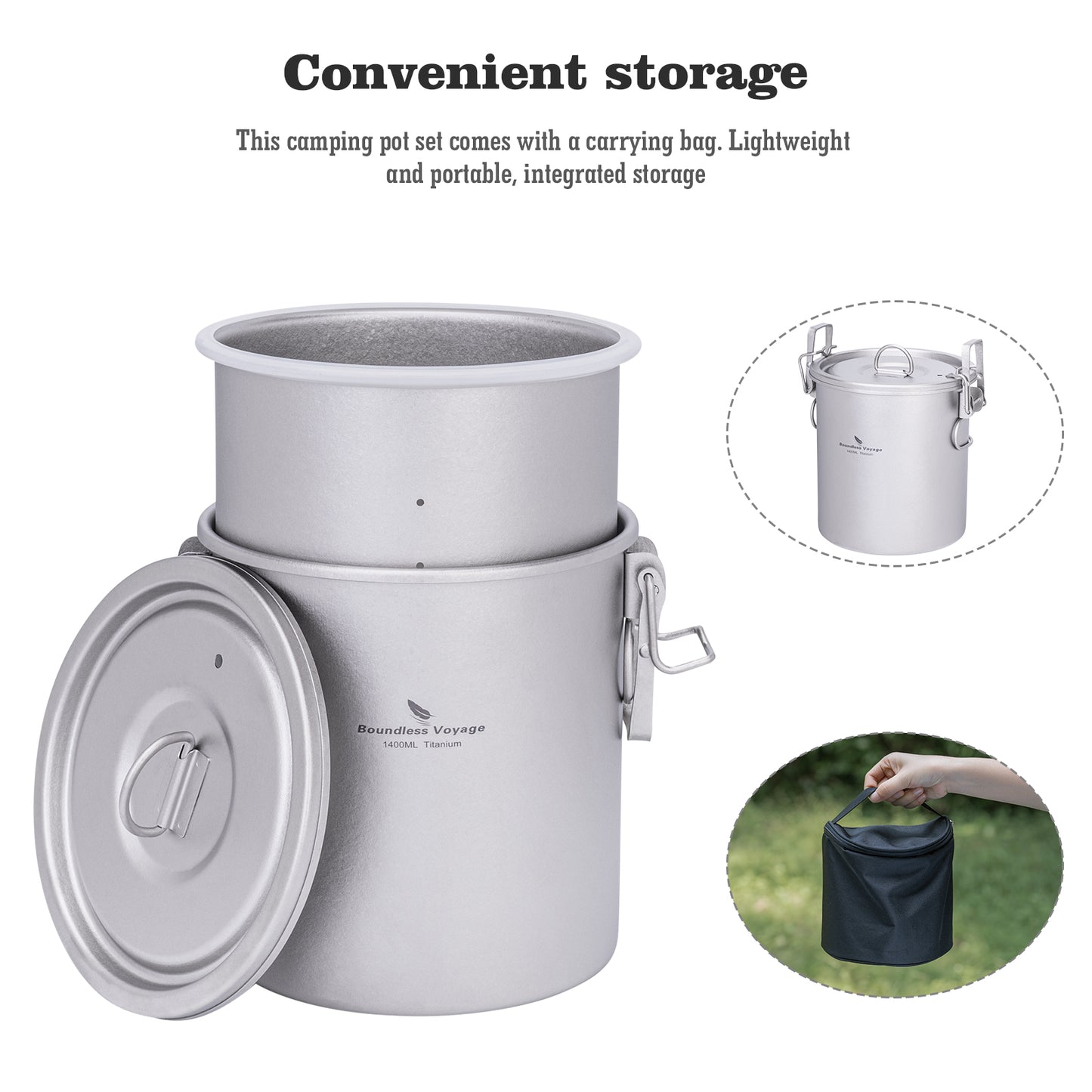 Boundless Voyage Crystalline Finish Ultralight Titanium Camping Rice Cooker Pot, 1.4L Outer Pot with 0.9L Inner Container, Portable Cookware for Hiking, Travel & Outdoor Camping Ti2093C