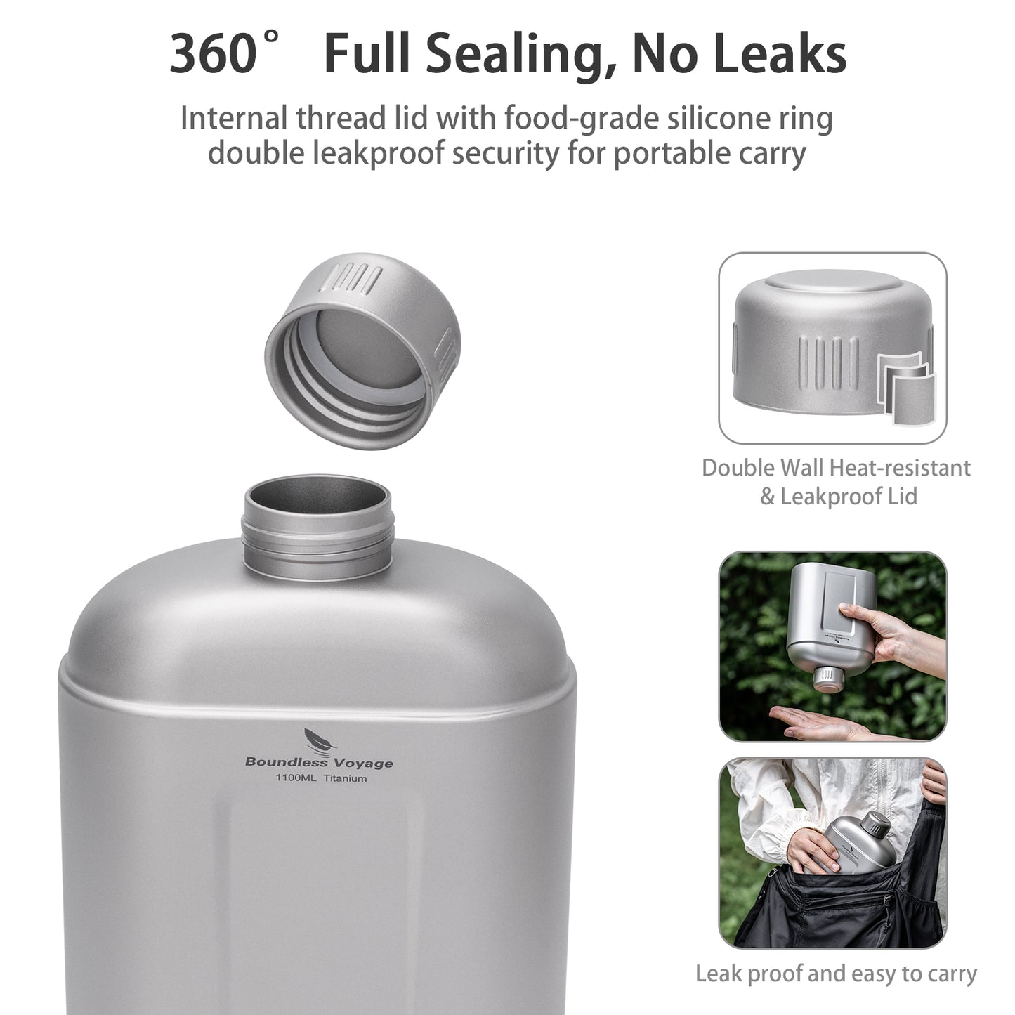 Boundless Voyage 1100ml TA1 Pure Titanium Canteen Bottle | Single Layer Open Flame Heatable Water Flask, Leakproof Double Wall Lid Military Outdoor Bottle with Crossbody Sleeve Ti3012D