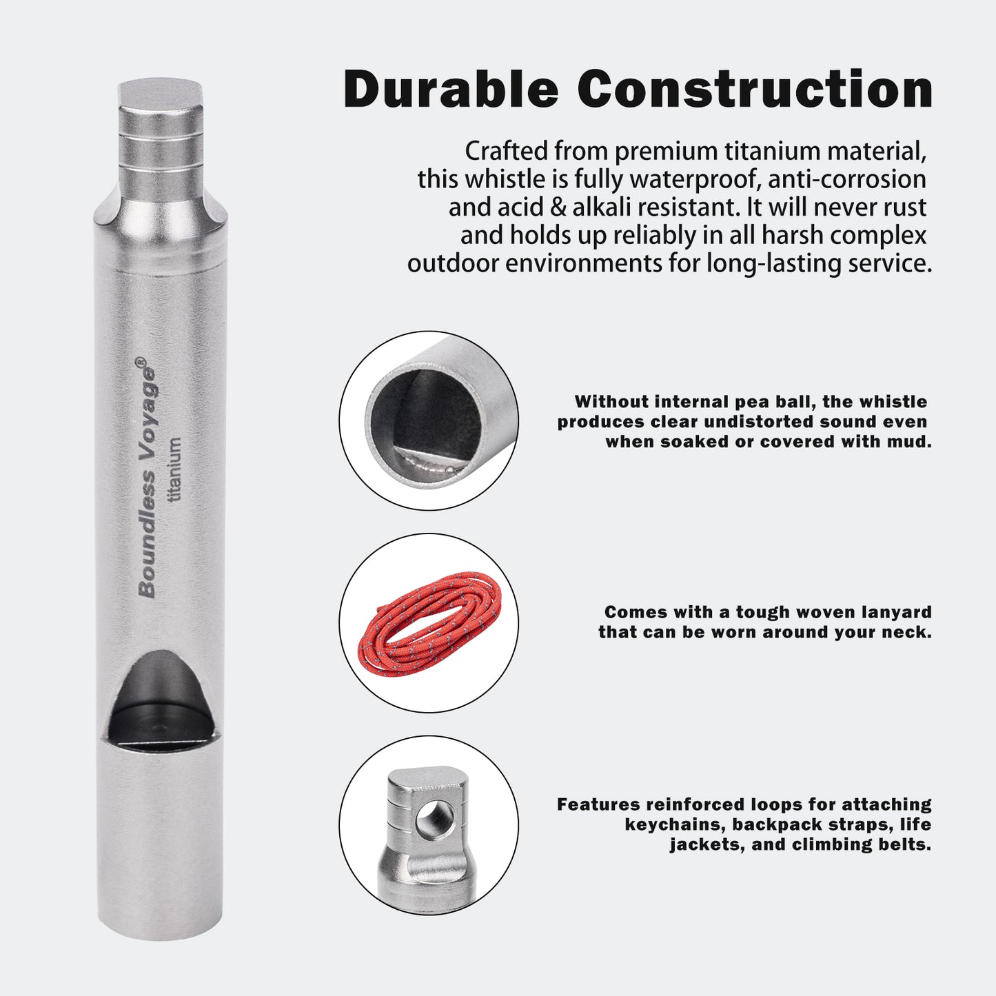 Boundless Voyage Titanium Emergency Survival Whistle, 120dB Super Loud Safety Signal Whistle with Lanyar, Portable EDC Gear for Camping Hiking Sports Coach Training Ti9010O