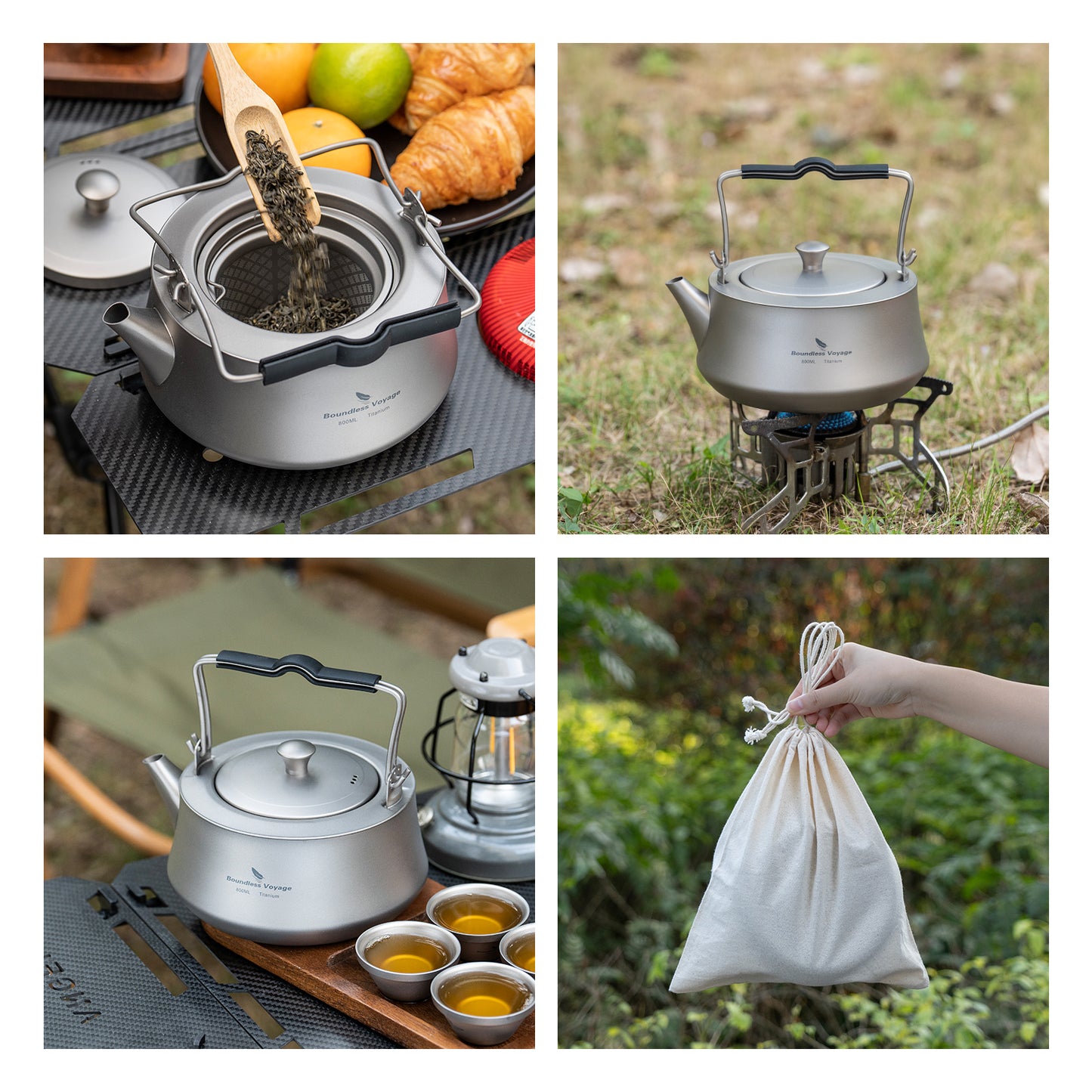 Boundless Voyage 800ml Pure Titanium Kettle with Filter & Foldable Handle, Ultralight Camping Teapot Ti3093D