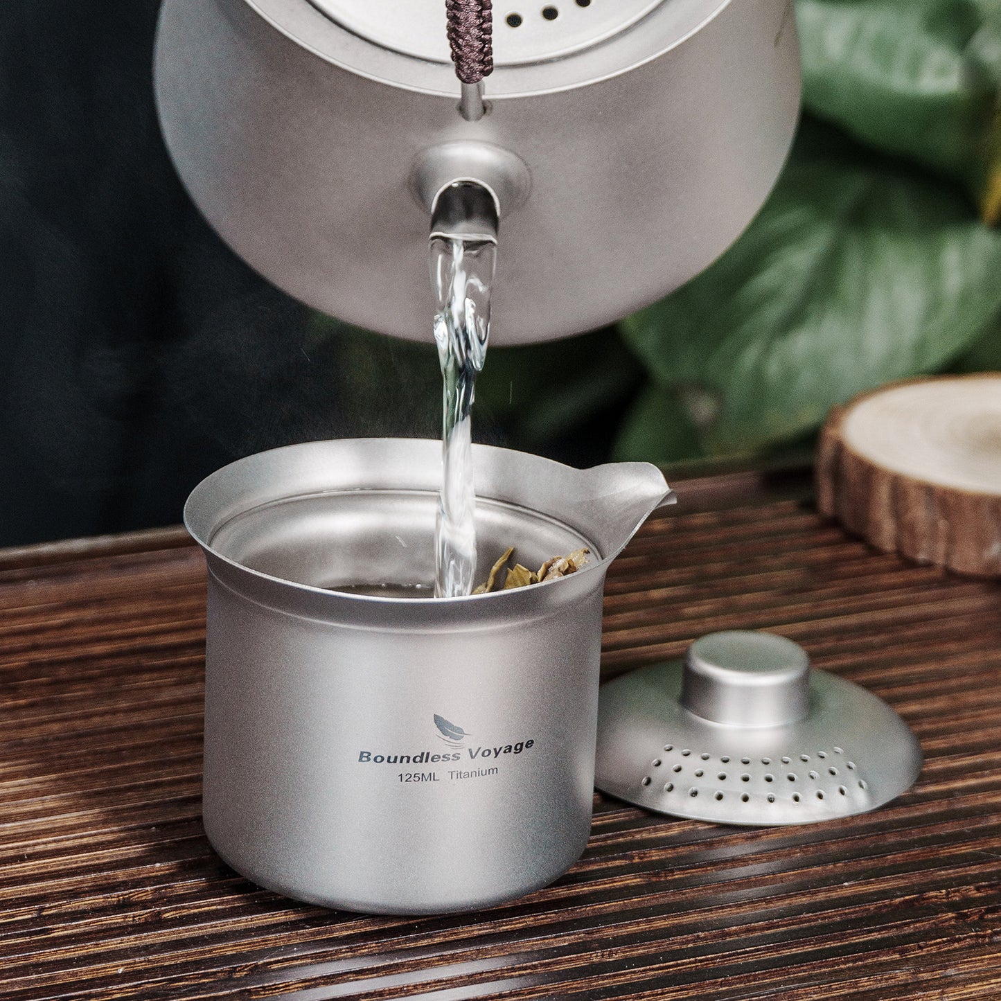Boundless Voyage Titanium Double-Layer Tea Maker Set, Comes with 3Pcs 30ml Mini Tea Cups, Ultralight Portable Complete Tea Set for Outdoor Camping Travel Tea Brewing Ti3149D