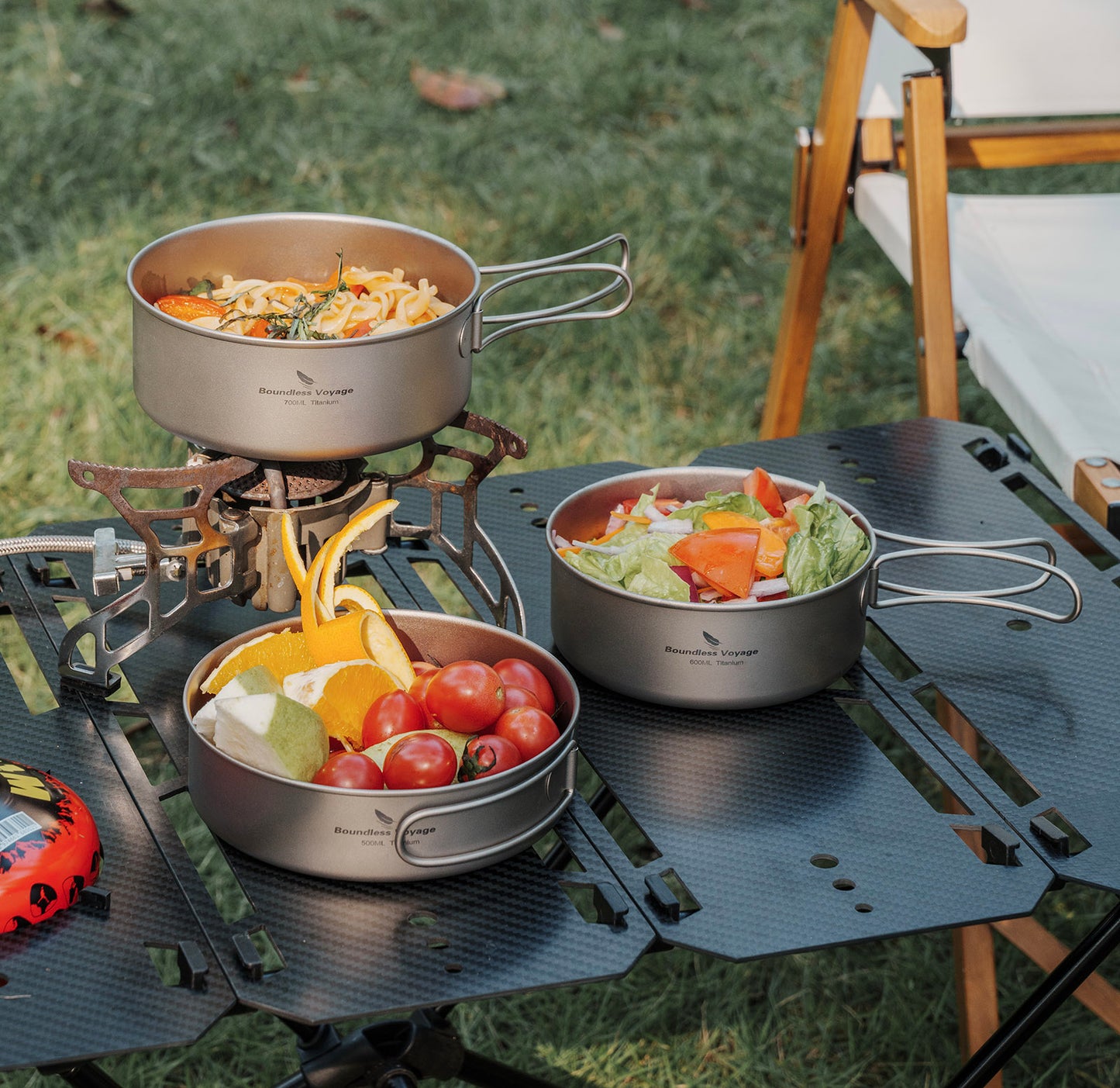 Boundless Voyage Pure Titanium Camping Cookware Set 3Pcs Foldable Handle Stackable Outdoor Tableware Pot Pan Set Ti2032C