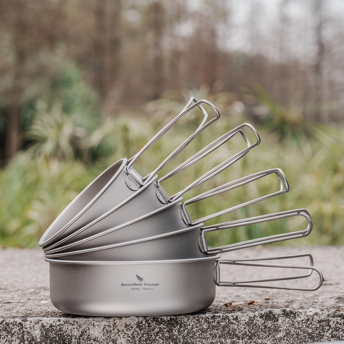 Boundless Voyage 5Pcs Pure Titanium Bowl Set with Foldable Handles, Portable Outdoor Camping Tableware Plates Dishes, 350/500/600/700/800ml Ti1096T