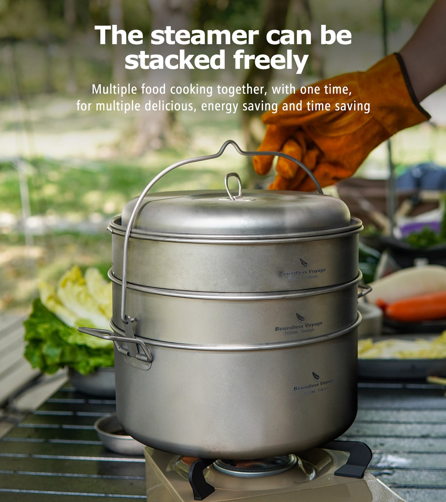 Boundless Voyage Titanium Food Steamer Pan & Stock Soup Pot, Portable Hanging Hot Pot Kitchenware for Outdoor Camping Picnic Travel Household Cooking Ti2112C- Ti2114C