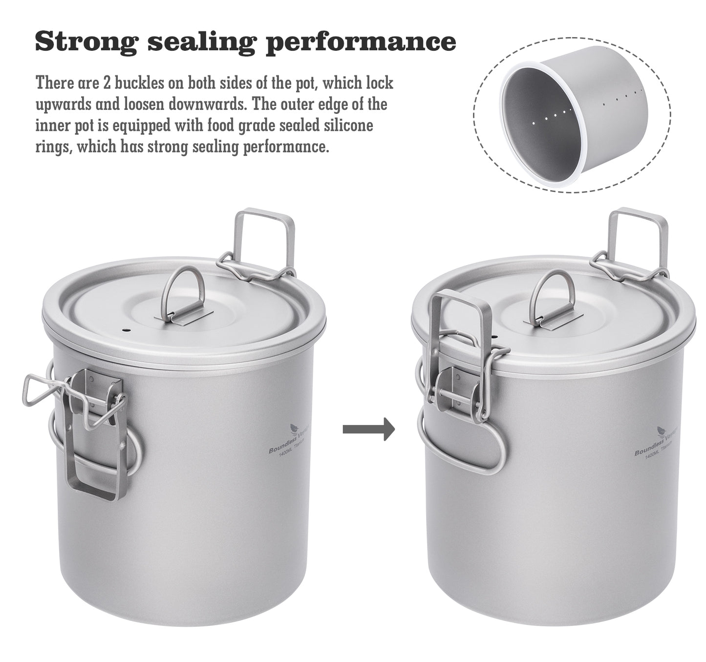 Boundless Voyage Crystalline Finish Ultralight Titanium Camping Rice Cooker Pot, 1.4L Outer Pot with 0.9L Inner Container, Portable Cookware for Hiking, Travel & Outdoor Camping Ti2093C