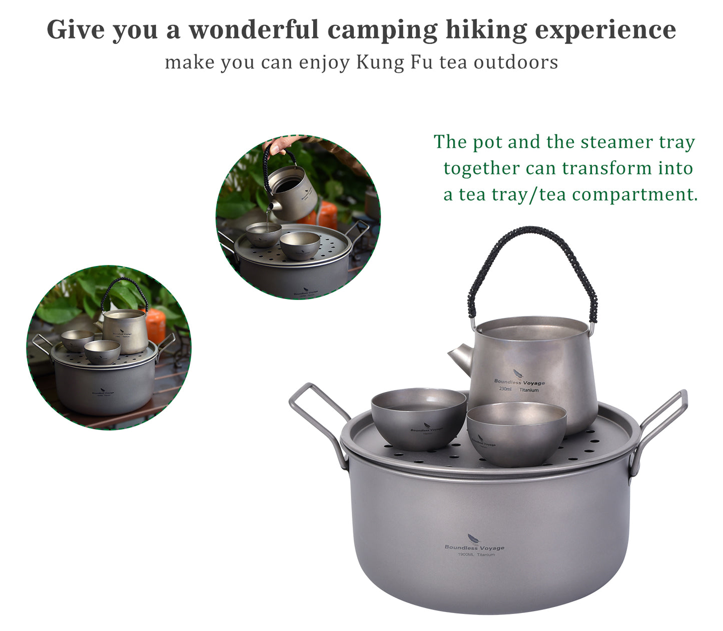 Boundless Voyage Multifunctional Titanium Cookware Set, 1900ml Soup Stockpot + 900ml Frying Pan with Lid & Tea Tray, Portable Outdoor Camping Mess Kit Ti2057C