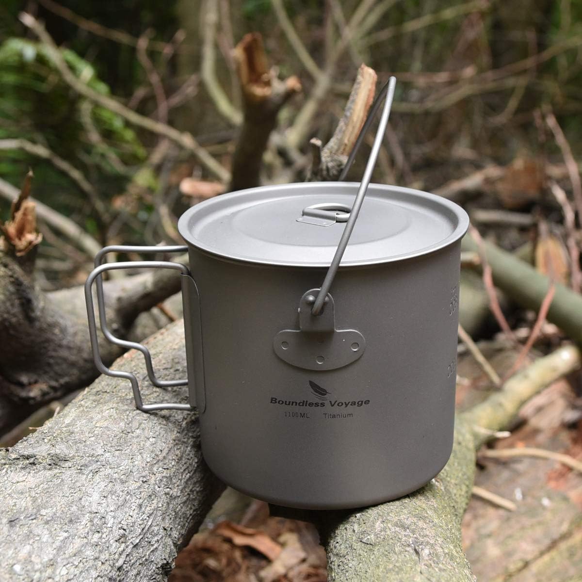 Boundless Voyage 1100ml Titanium Pot with Lid, Foldable Bail Handle Camping Cook Pot for Hiking Backpacking Ti3041D