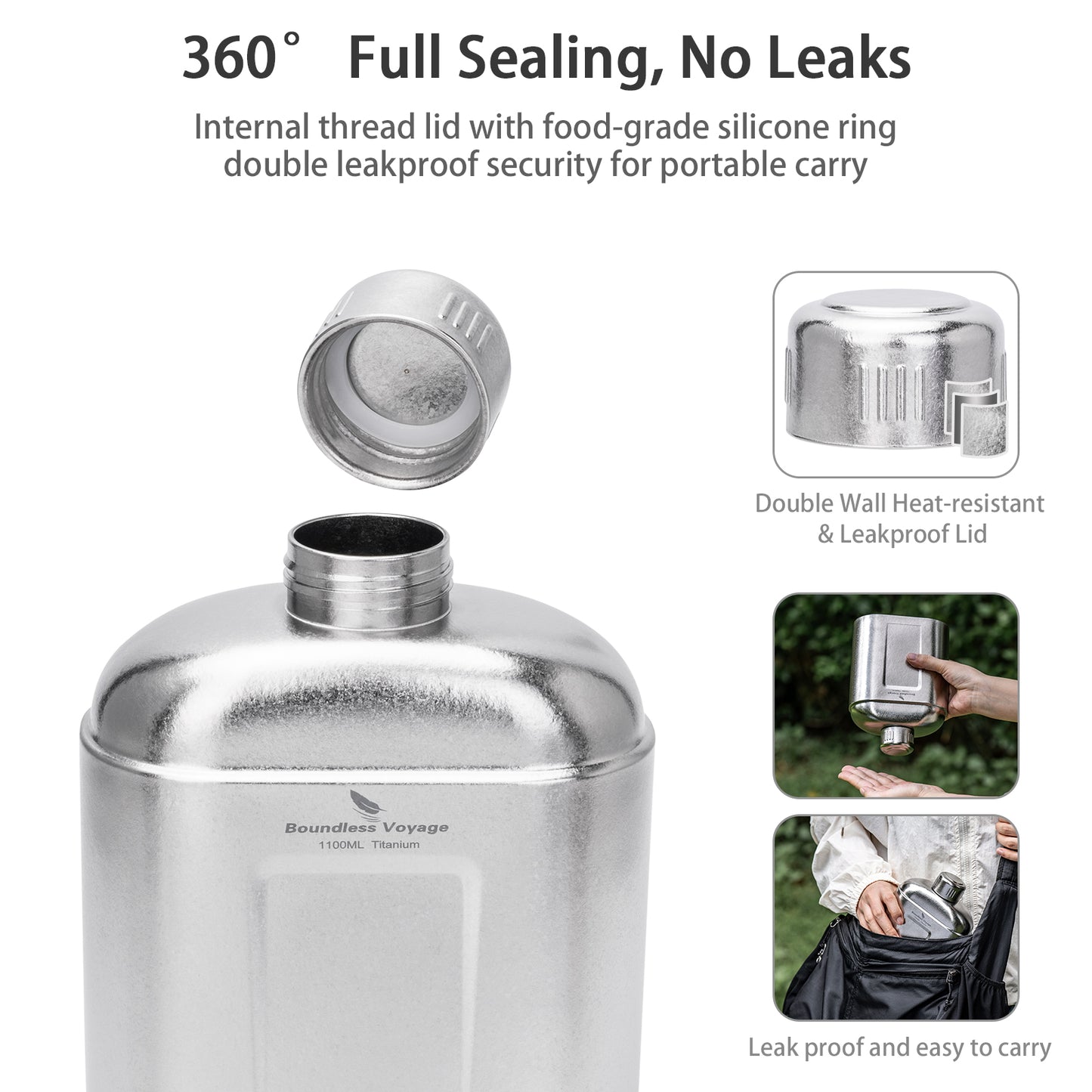 Boundless Voyage 1100ml TA1 Pure Titanium Canteen Bottle | Single Layer Open Flame Heatable Water Flask, Leakproof Double Wall Lid Military Outdoor Bottle with Crossbody Sleeve Ti3012D