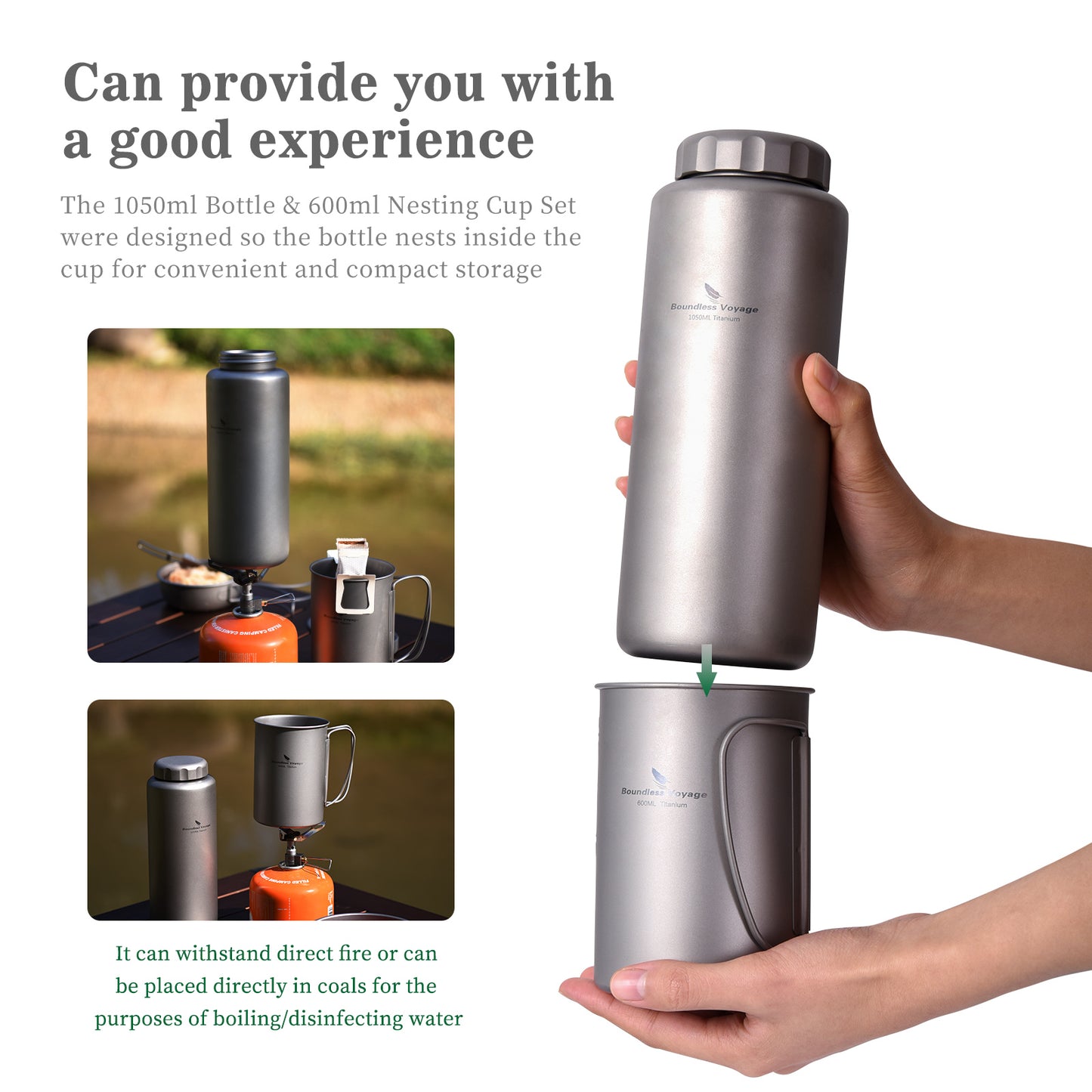 Boundless Voyage 1050ml Titanium Water Bottle with 600ml Flat Lid Nesting Cup, Portable Pure Titanium Survival Canteen Mug Kit, Lightweight Travel Tableware for Hiking Bushcraft Picnic Ti3007D
