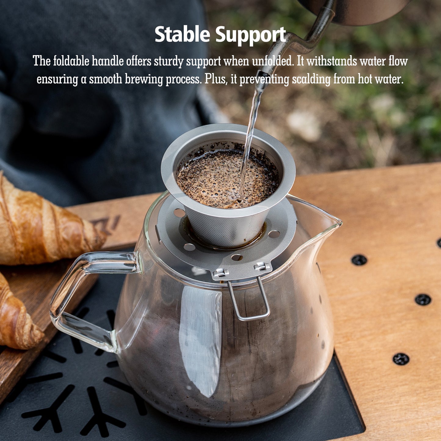 Boundless Voyage Titanium Pour Over Coffee Dripper, Paperless Reusable Metal Cone Coffee Filter with Foldable Holder, Portable Coffee Maker for Home Office Outdoor Travel Camping Ti6004P