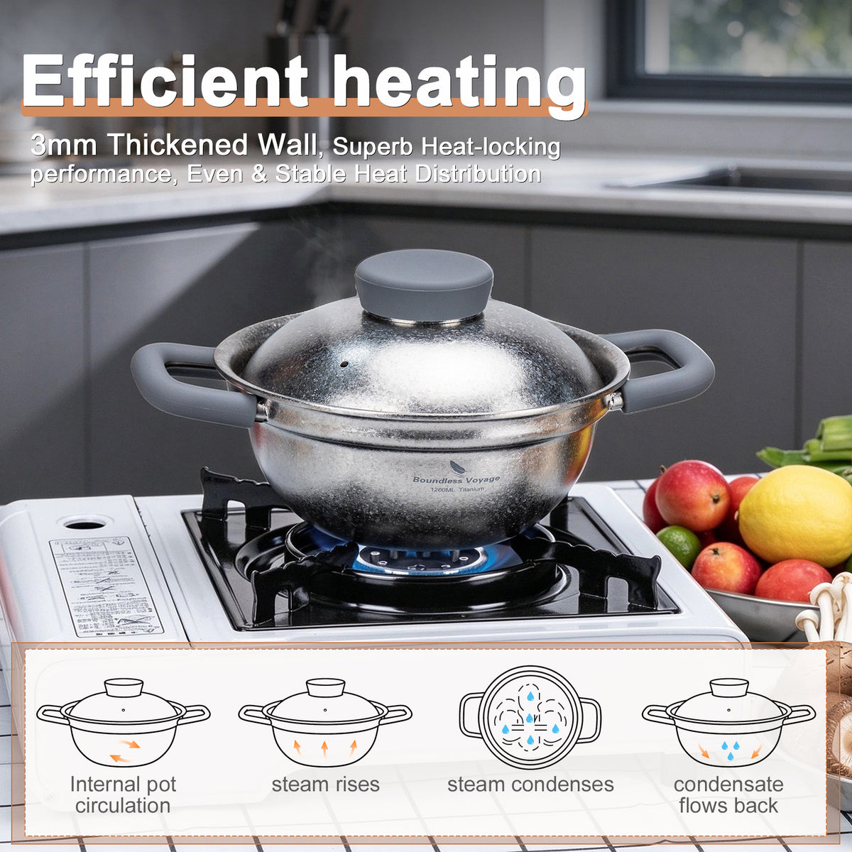Efficient heating and internal steam circulation diagram with Boundless Voyage 1.2L titanium cooking pot on stove