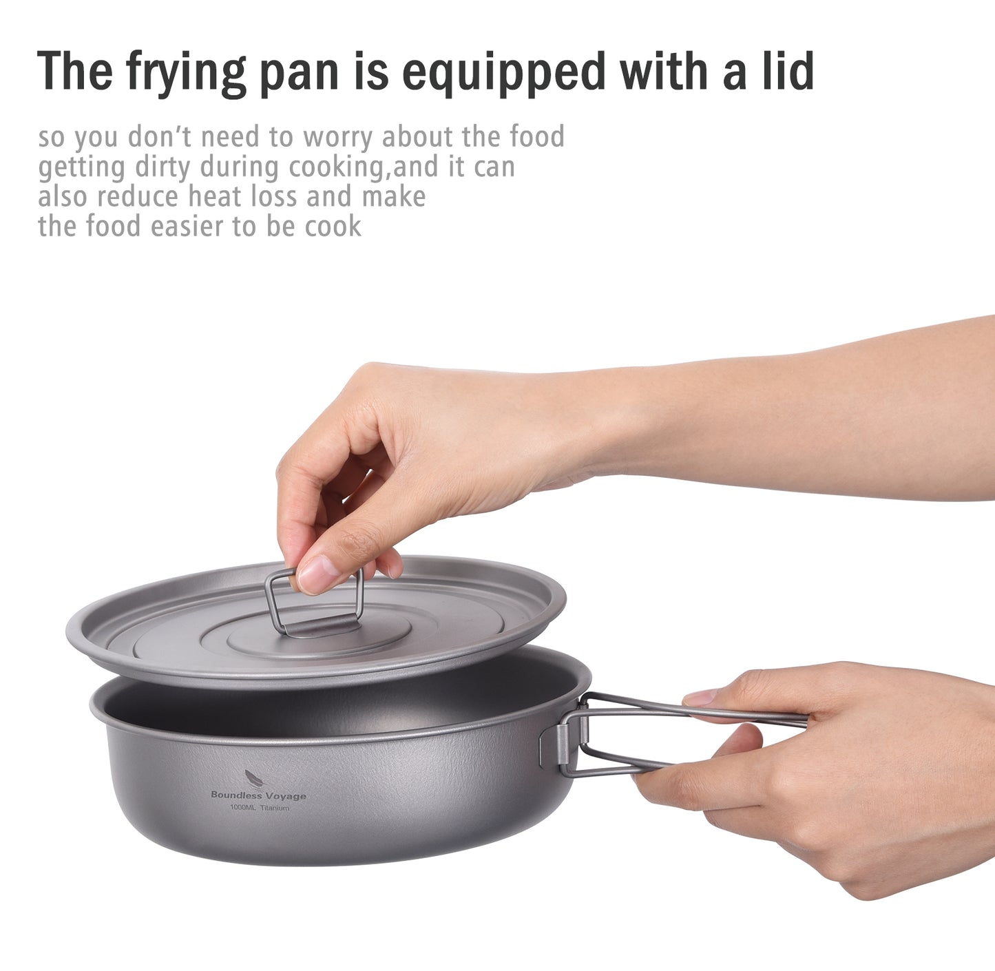 Boundless Voyage Pure Titanium Frying Pan with Lid & Foldable Handles | Ultralight Portable Griddle Cookware for Hiking & Backpacking Ti2065C