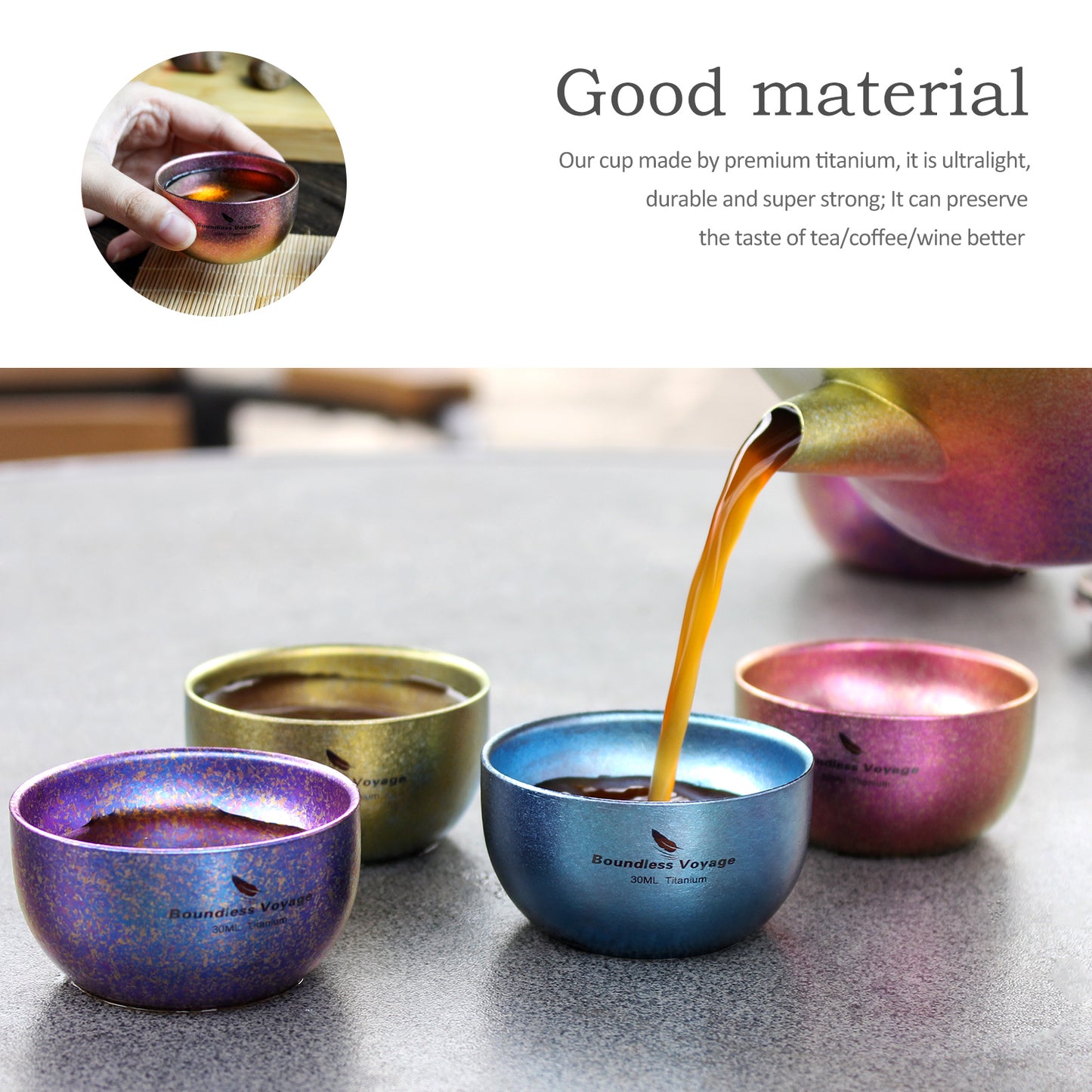 Boundless Voyage 30ml Double Wall Colorful Titanium Tea Cup, Anti-Scald Wide Mouth Mini Mug for Tea Wine Travel Camping Ti3082D