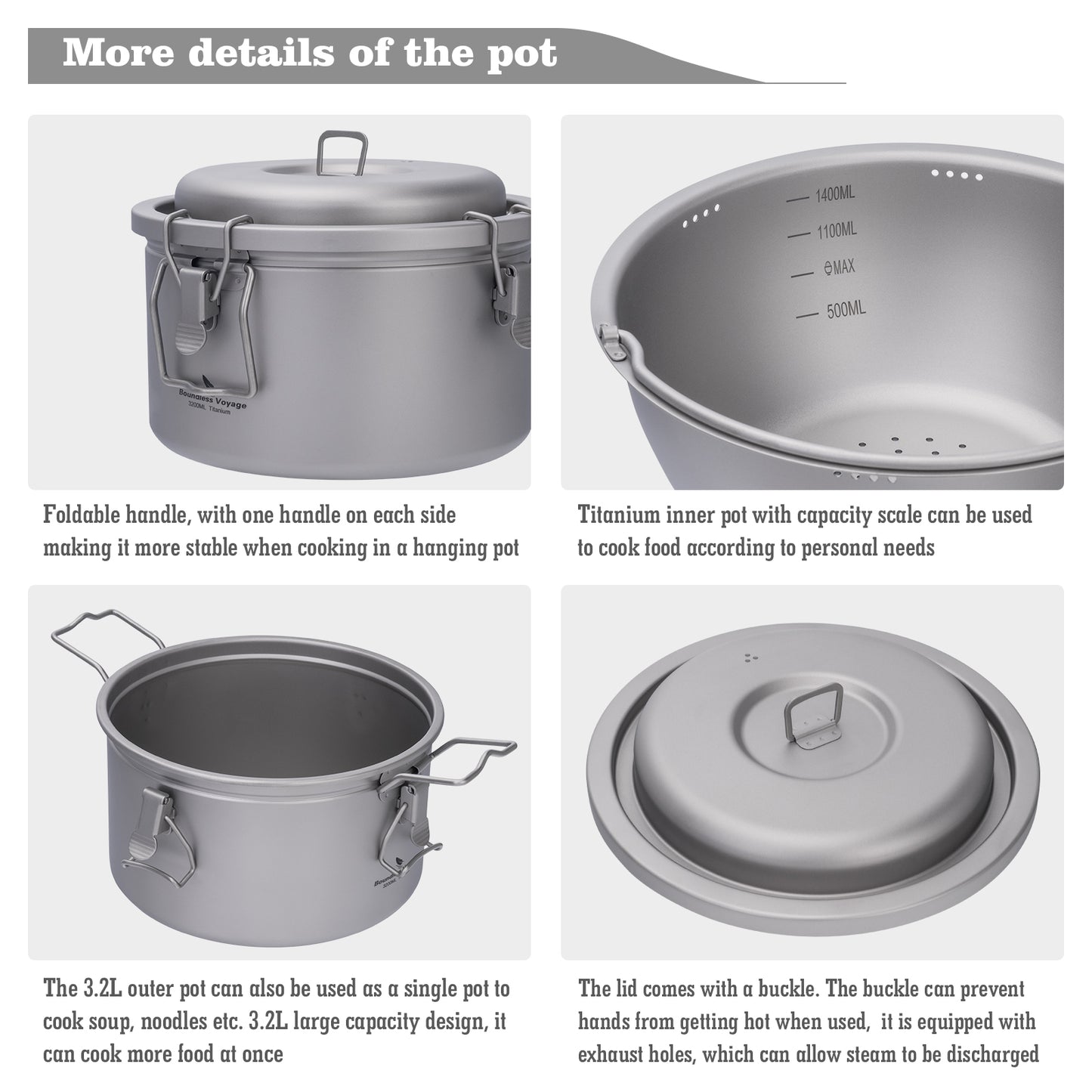 Boundless Voyage Titanium Camping Pot Multifunctional Cooker Ultralight Rice Cooker for Outdoor, Hiking, Travelling Ti2088C-Ti2092C