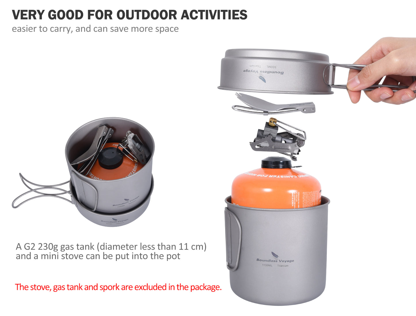 Boundless Voyage Titanium Pot & Pan Set with Folding Handle, Portable Outdoor Mess Kit Cookware for Camping Hiking Picnic Ti2053C