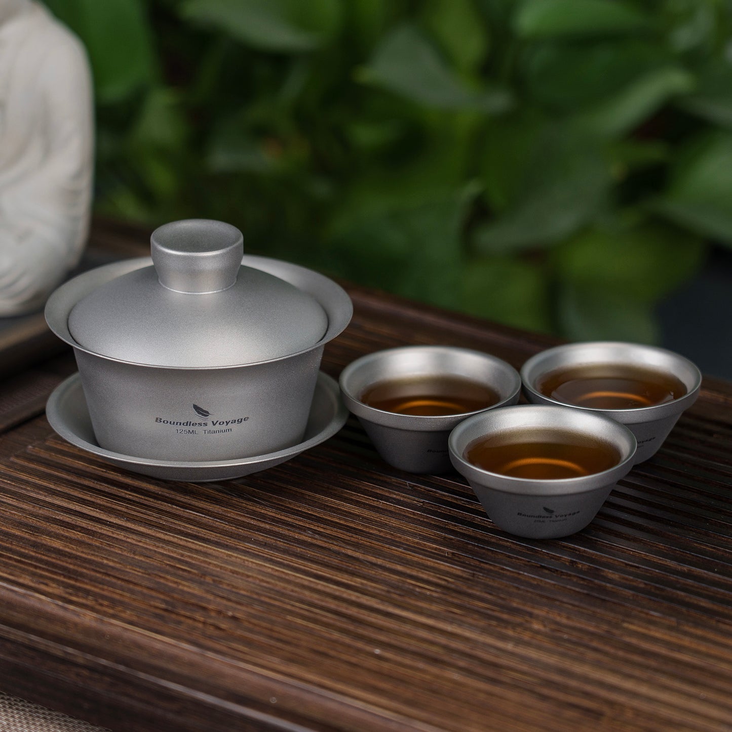 Boundless Voyage 125ml Sandblasted Finish Titanium Double-Walled Teapot, Traditional Chinese Three-Talent Triad Covered Tea Bowl Kung Fu Gaiwan,Anti-Scald Tea Set for Home Tea Ceremony & Camping Ti3142D