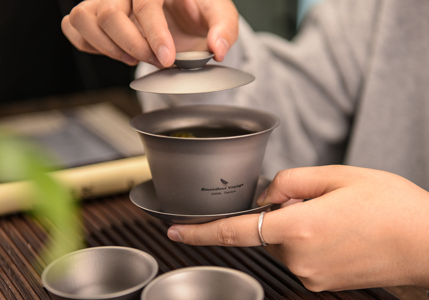 Boundless Voyage Double Walled Titanium Gaiwan, Traditional Chinese Kung Fu Tea Bowl with Lid & Saucer, Ultralight Durable Portable Tea Set for Home Tea Ceremony & Outdoor Camping Ti3123D-Ti3124D