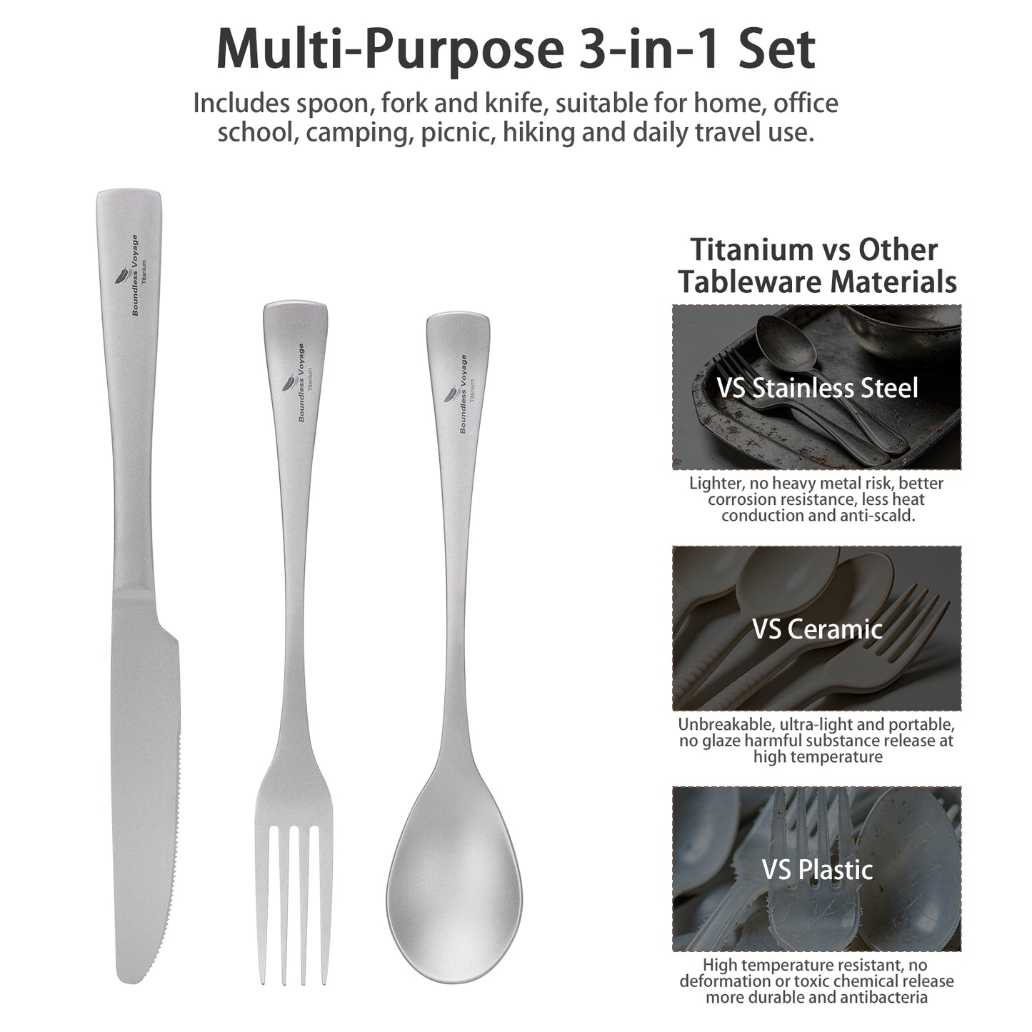 Boundless Voyage Titan-Campingbesteck, Messer, Gabel, Löffel-Set für Zuhause und Reisen Ti1055A