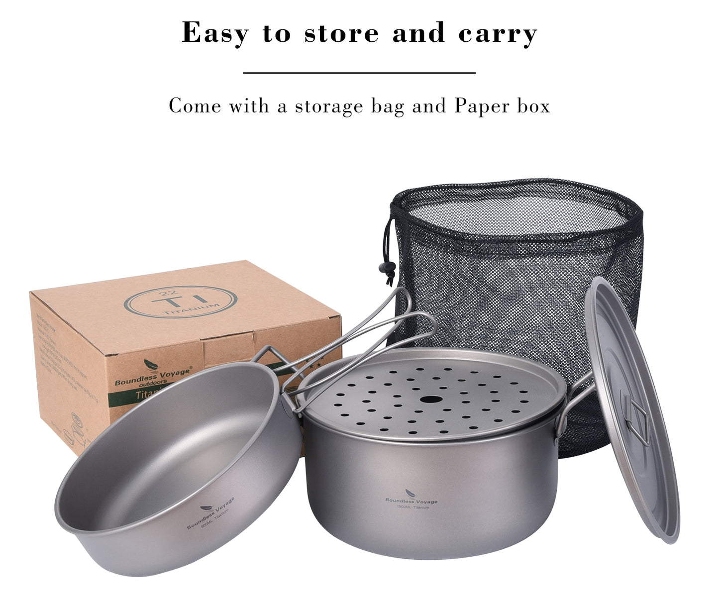 Boundless Voyage Multifunctional Titanium Cookware Set, 1900ml Soup Stockpot + 900ml Frying Pan with Lid & Tea Tray, Portable Outdoor Camping Mess Kit Ti2057C