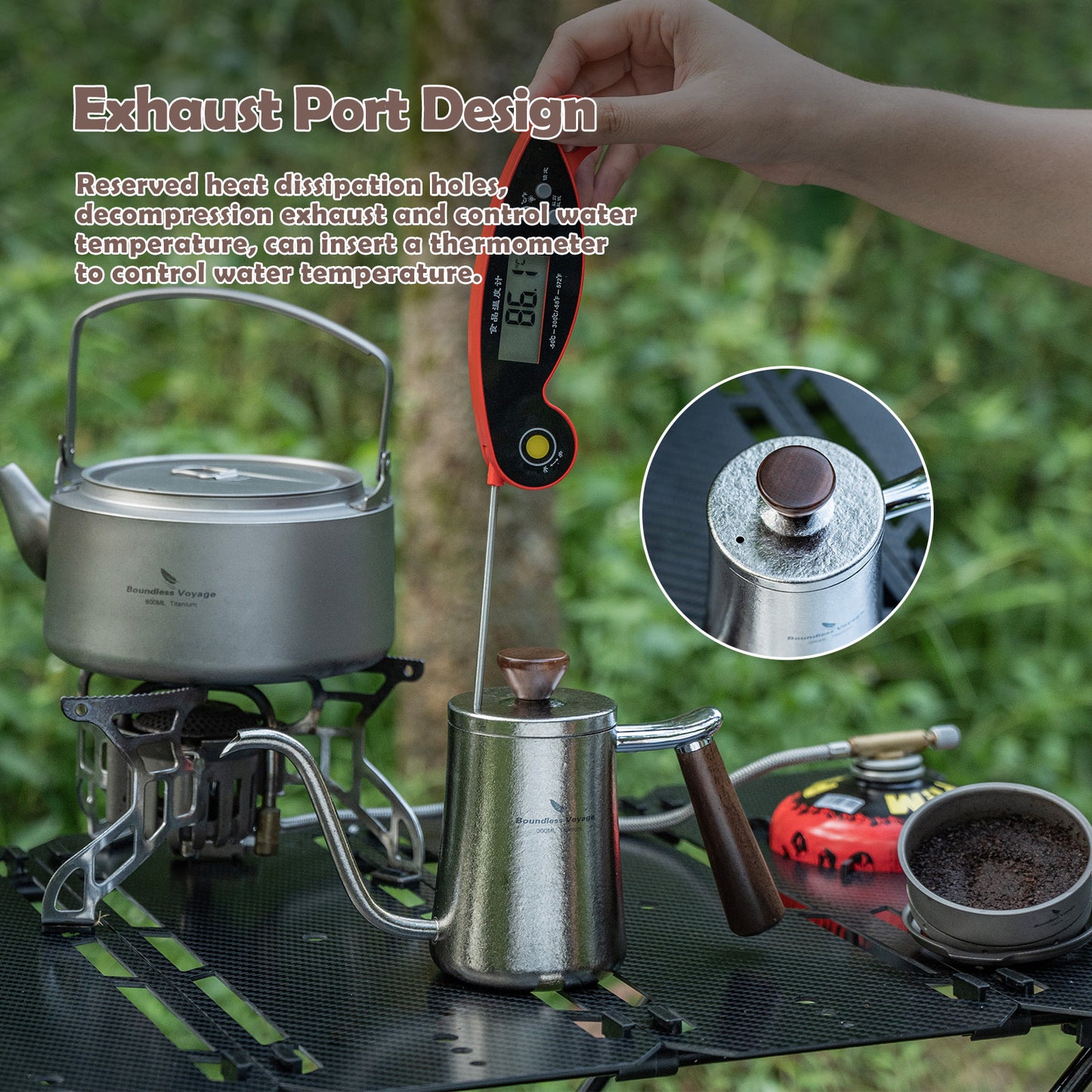 Boundless Voyage 300ml Titanium Pour Over Coffee Kettle with Wood Handle, Precision Gooseneck Spout Mini Coffee Tea Pot, Ultralight Portable Brew Gear for Home Barista, Office, Camping & Hiking Travel Ti3091D