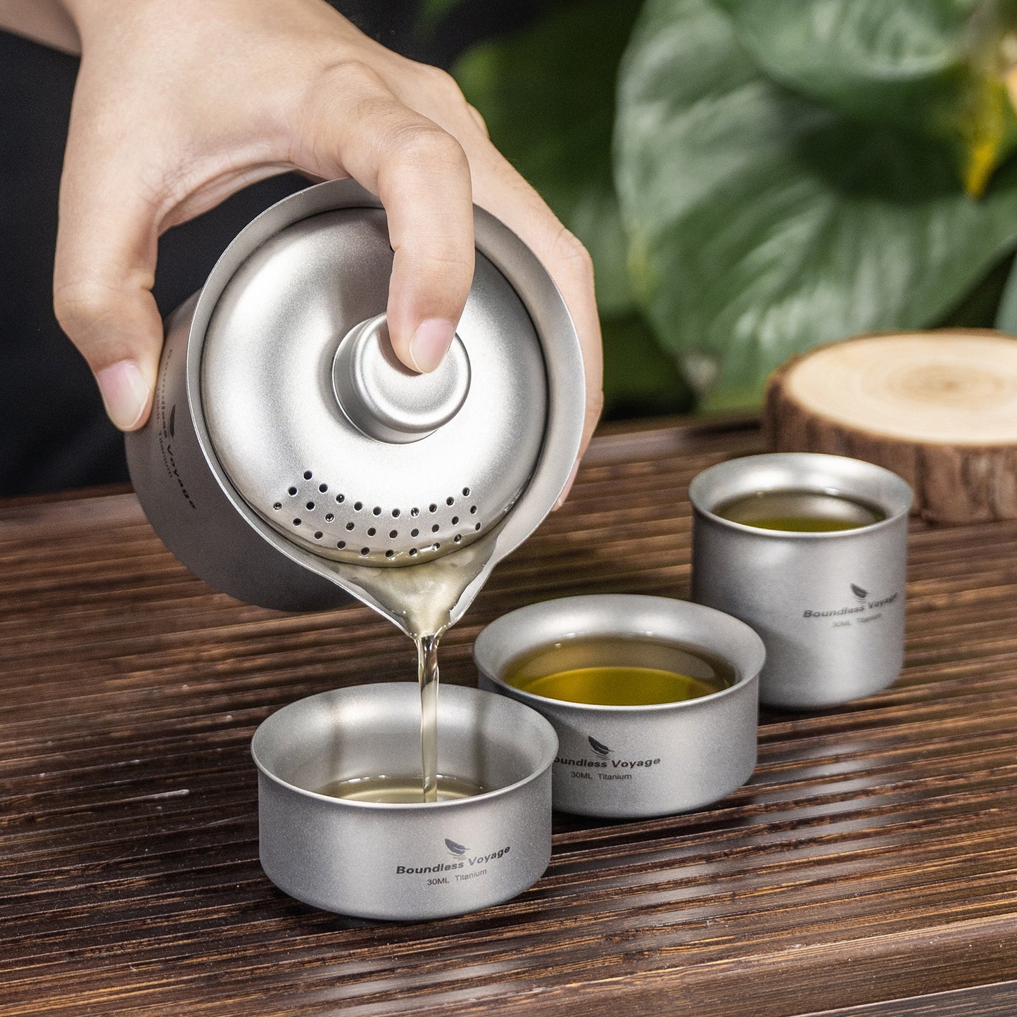 Boundless Voyage Titanium Double-Layer Tea Maker Set, Comes with 3Pcs 30ml Mini Tea Cups, Ultralight Portable Complete Tea Set for Outdoor Camping Travel Tea Brewing Ti3149D