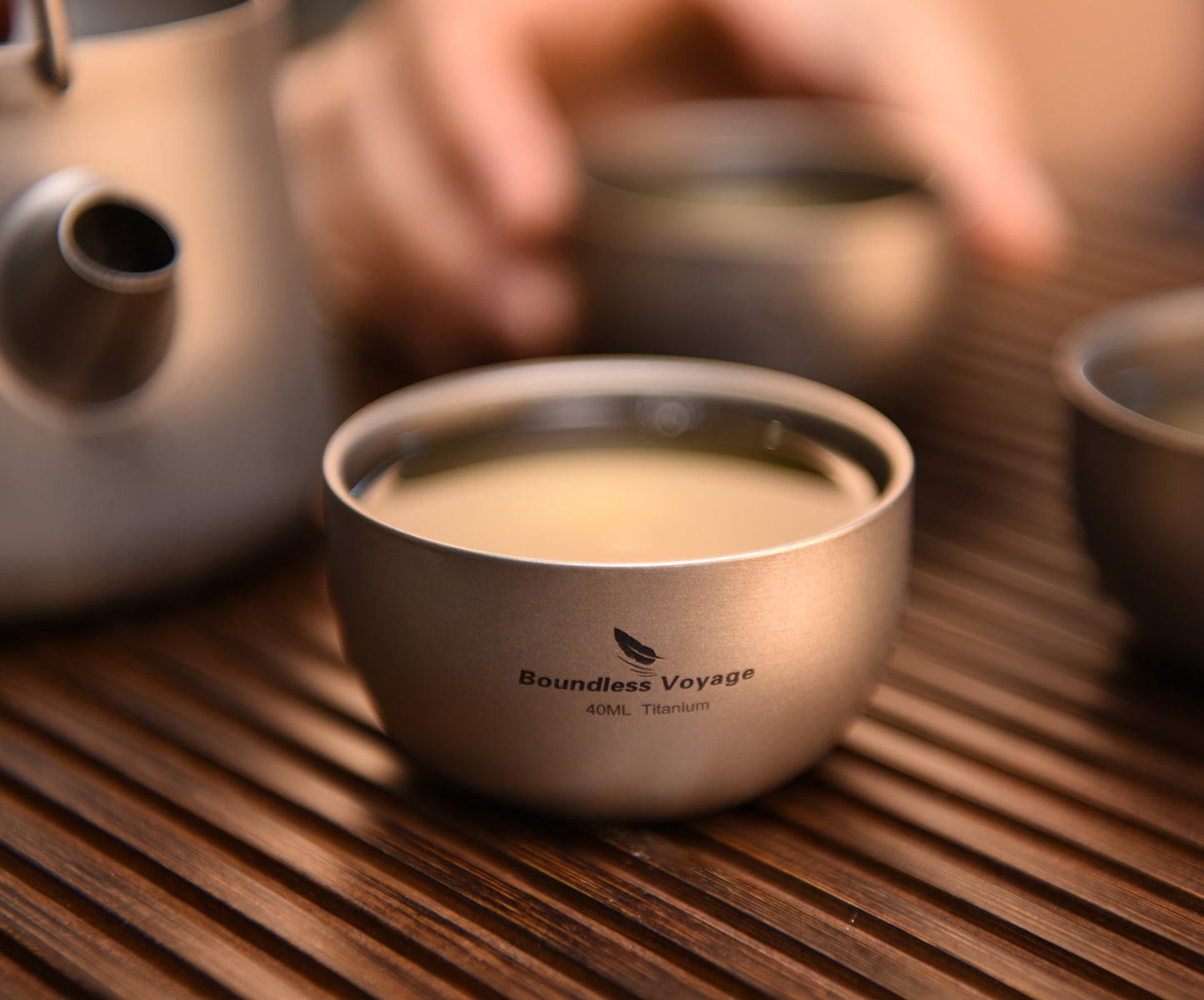 Boundless Voyage 40ml Sandblasted Matte Finish Double-Wall Titanium Sake Cup & Kung Fu Tea Cup, Portable Mini Mug for Camping, Picnic & Daily Home Use Ti3204D