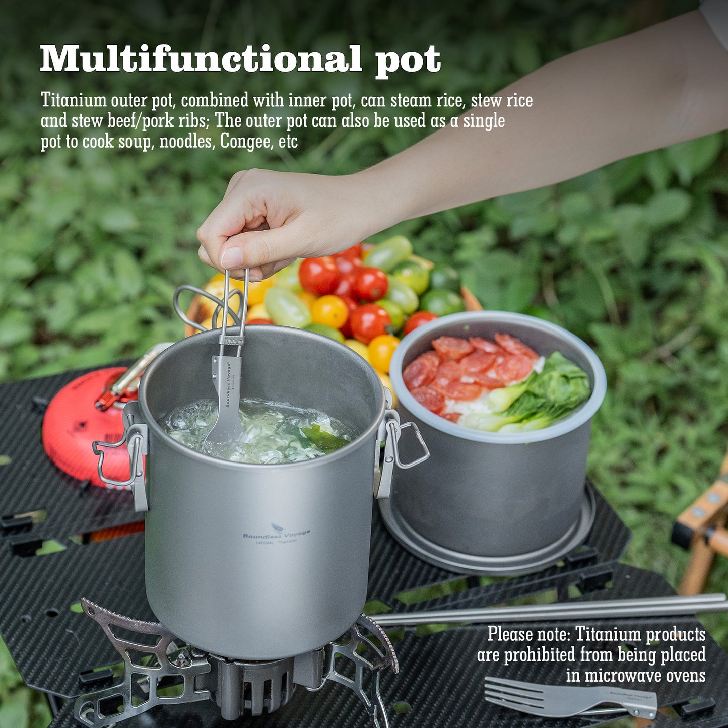 Boundless Voyage Sandblasted Matte Finish Ultralight Titanium Camping Rice Cooker Pot, 1.4L Outer Pot with 0.9L Inner Container, Portable Cookware for Hiking, Travel & Outdoor Camping Ti2093C