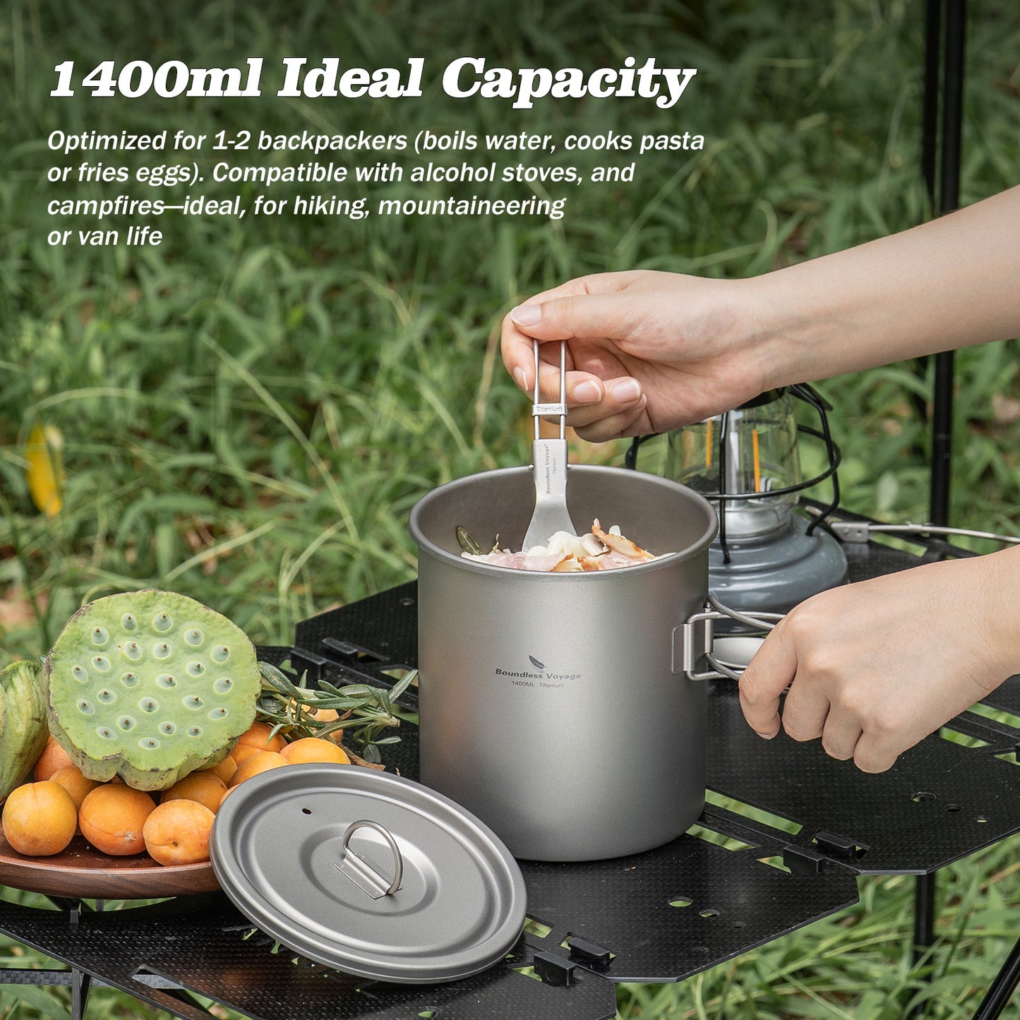 Boundless Voyage 1400ml Pure Titanium Camping Pot | Ultralight Backpacking Cookware with Lid & Foldable Handle for Hiking Camping