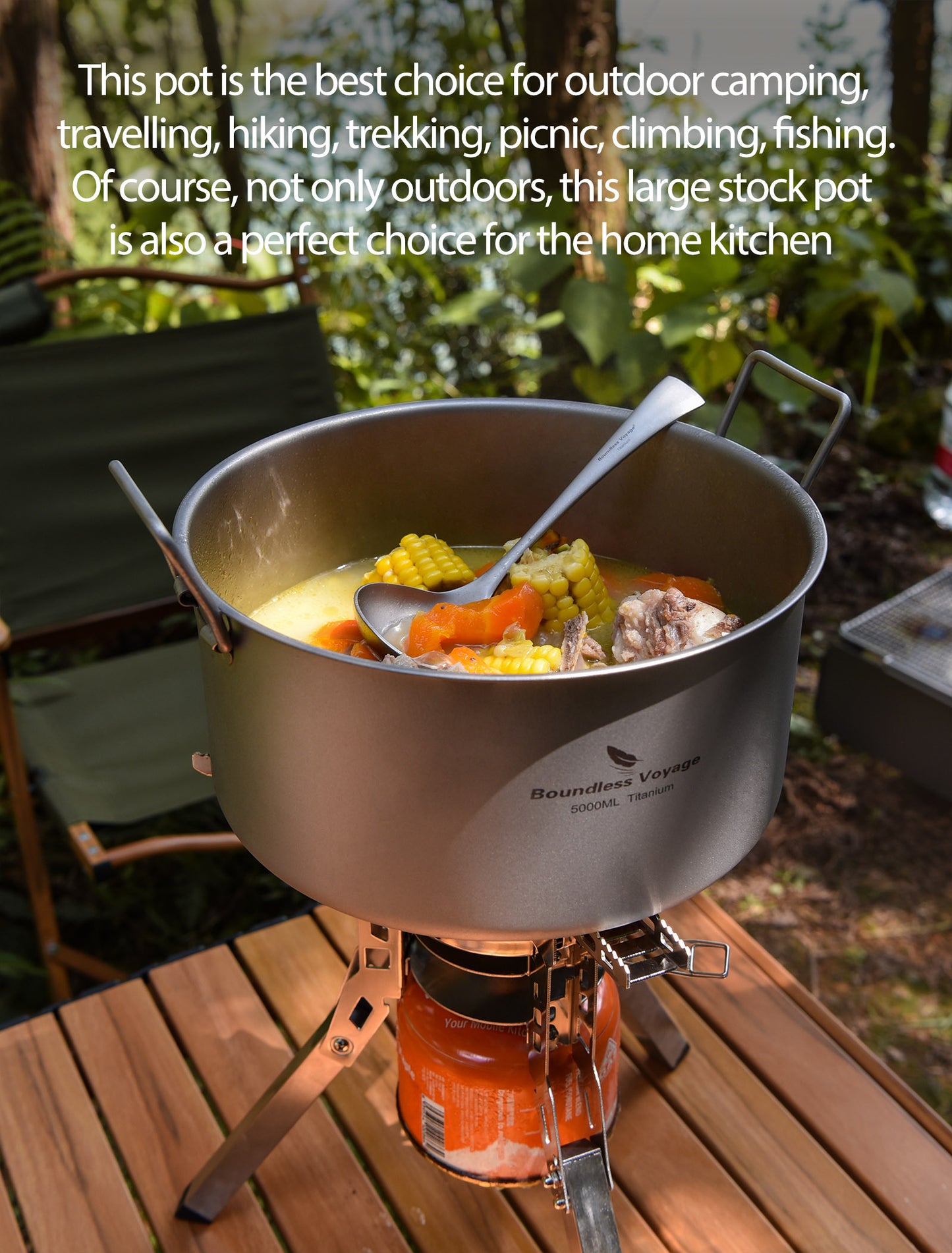 Boundless Voyage 5L Titanium Stock Pot with Lid & Folding Handle, Large Capacity Portable Soup Pot for Outdoor Camping Hiking Picnic & Home Kitchen Ti2104C