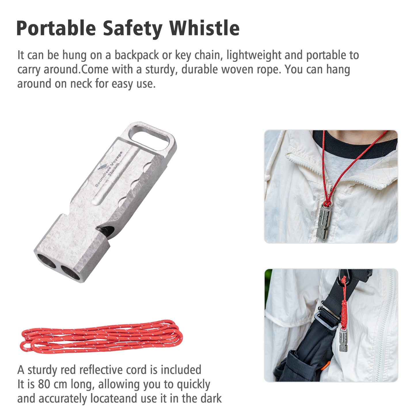 Boundless Voyage Titanium Dual Tube Survival Whistle, High Decibel Emergency Whistle, Lightweight & Durable Outdoor Safety Whistle for Camping Hiking Backpacking Ti9029O