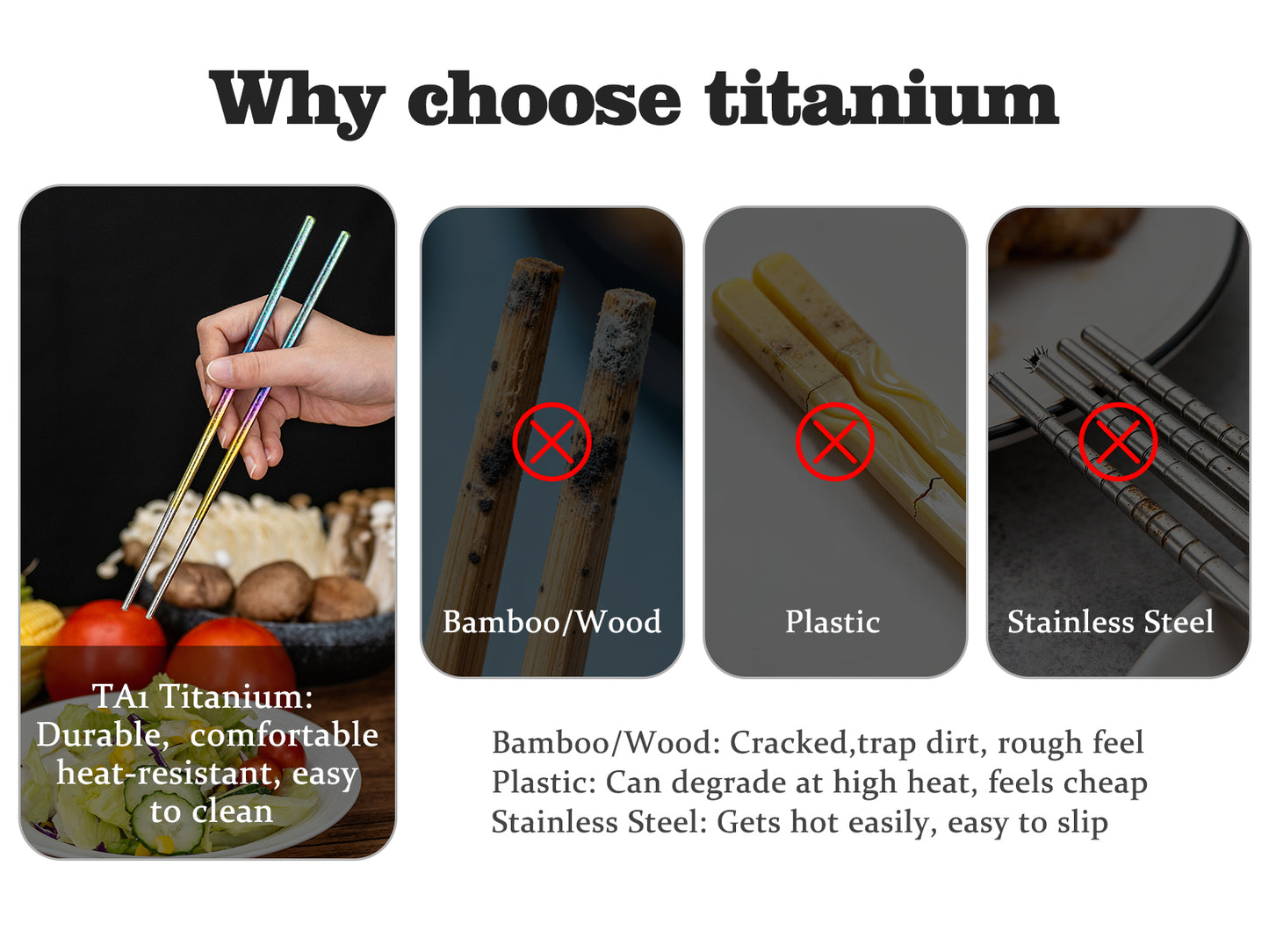 Boundless Voyage 23cm Colorful Pure Titanium Chopsticks | Ultralight Non-Slip Reusable Cutlery with Carry Bag for Camping, Hiking, Travel & Daily Home Use Ti1005T