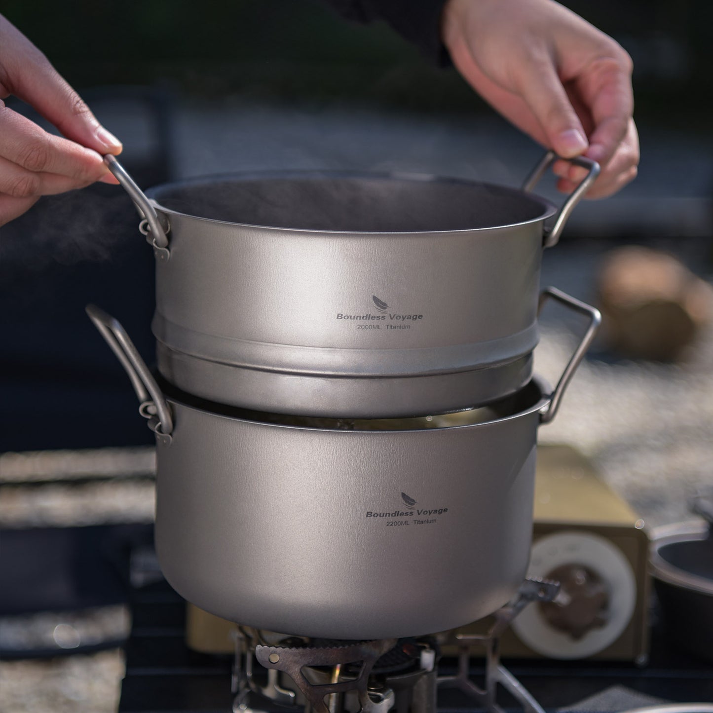 Boundless Voyage Titanium Soup Pot & Steamer Set 2.2L, Foldable Handle Camping Cookware for Hiking Kitchen Ti2111C