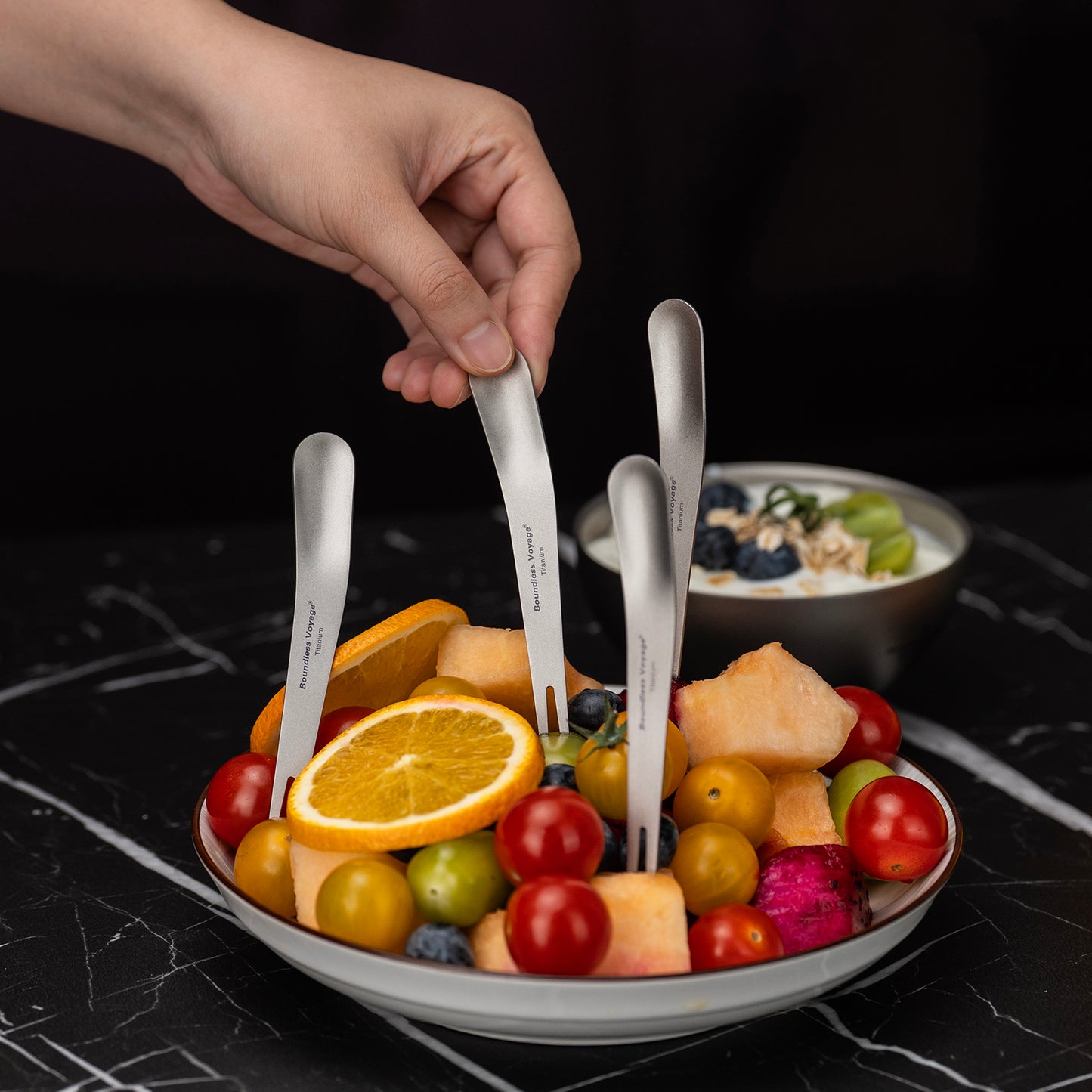 Boundless Voyage Titanium Dual-Use Fork Spoon Set, 5 Pieces Ultralight 5.6g Per Spoon-Fork, Portable Camping Cutlery Kit with Drawstring Bag for Fruit, Coffee, Ice Cream & Outdoor Travel Ti1126T