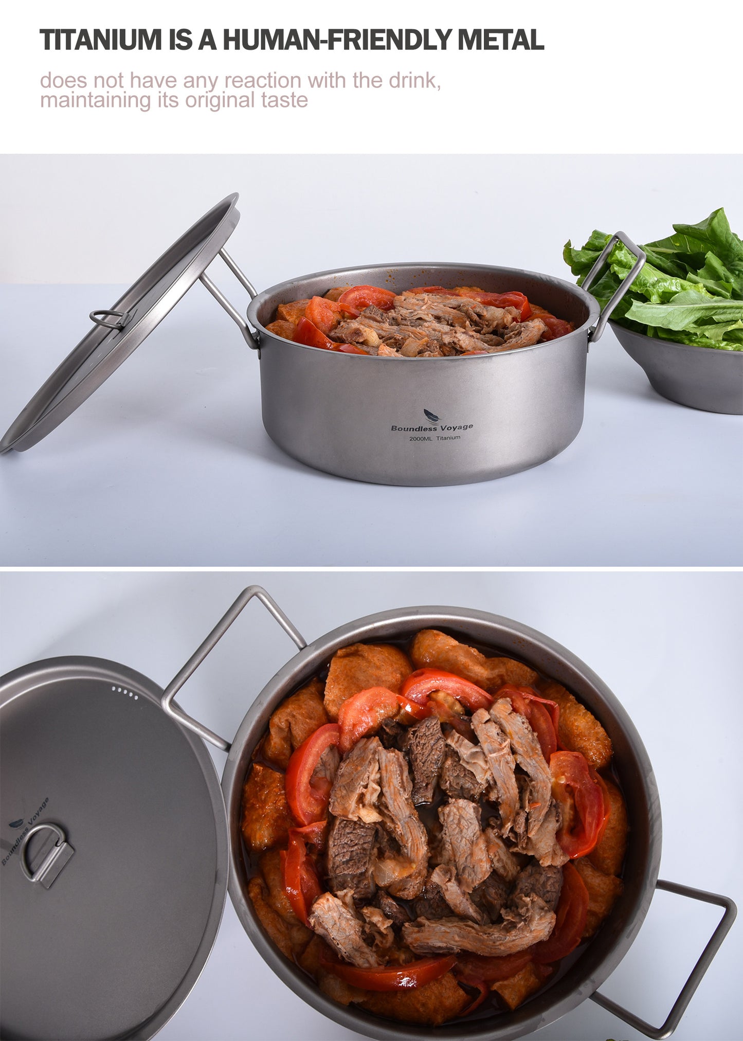 Boundless Voyage 2L Titanium Stock Pot with Lid and Folding Handle, Portable Lightweight Soup Pot for Outdoor Camping Hiking Picnic  Ti2054C