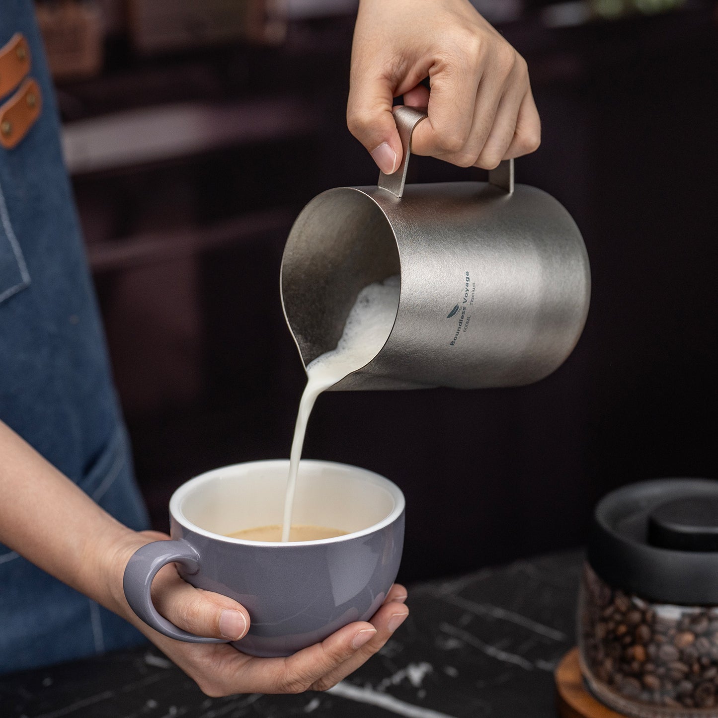 Boundless Voyage 600ml Pure Titanium Milk Frothing Pitcher, Espresso Steam Jug with Round Spout, Barista Latte Art Coffee Cup Ti3239D