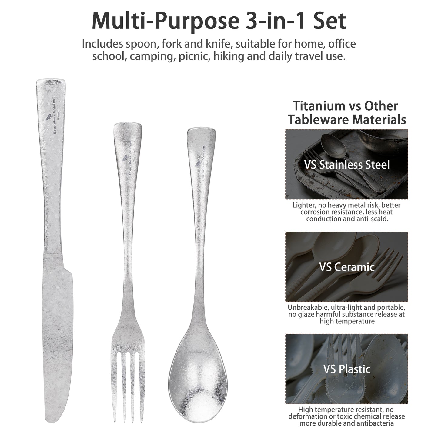 Boundless Voyage Titan-Campingbesteck, Messer, Gabel, Löffel-Set für Zuhause und Reisen Ti1055A