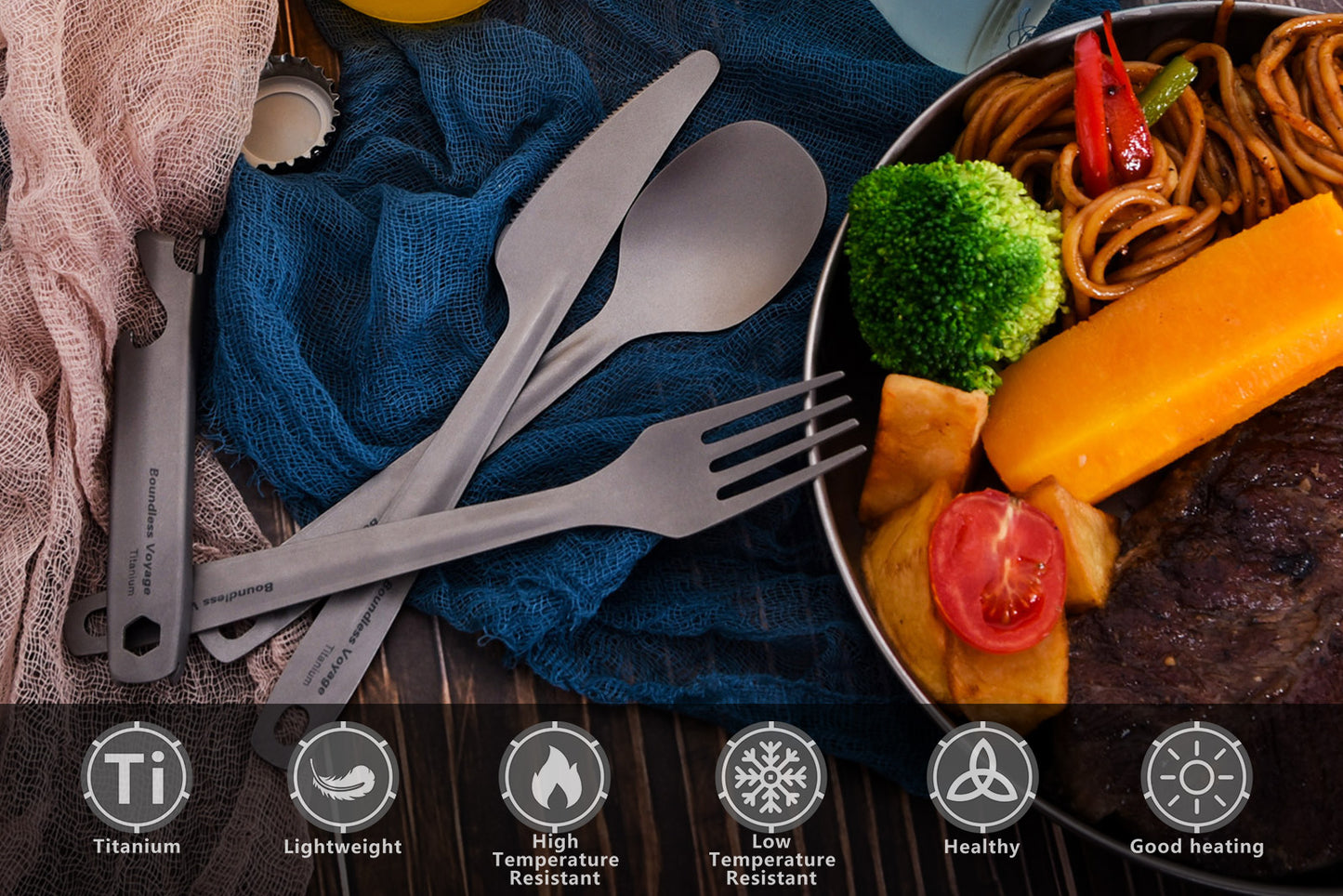 Boundless Voyage Utility Titanium Cutlery Set, Spoon Fork Knife with Built-In Bottle Opener, Portable Travel Camping Tableware with Easy Storage Cloth Case Ti1066T