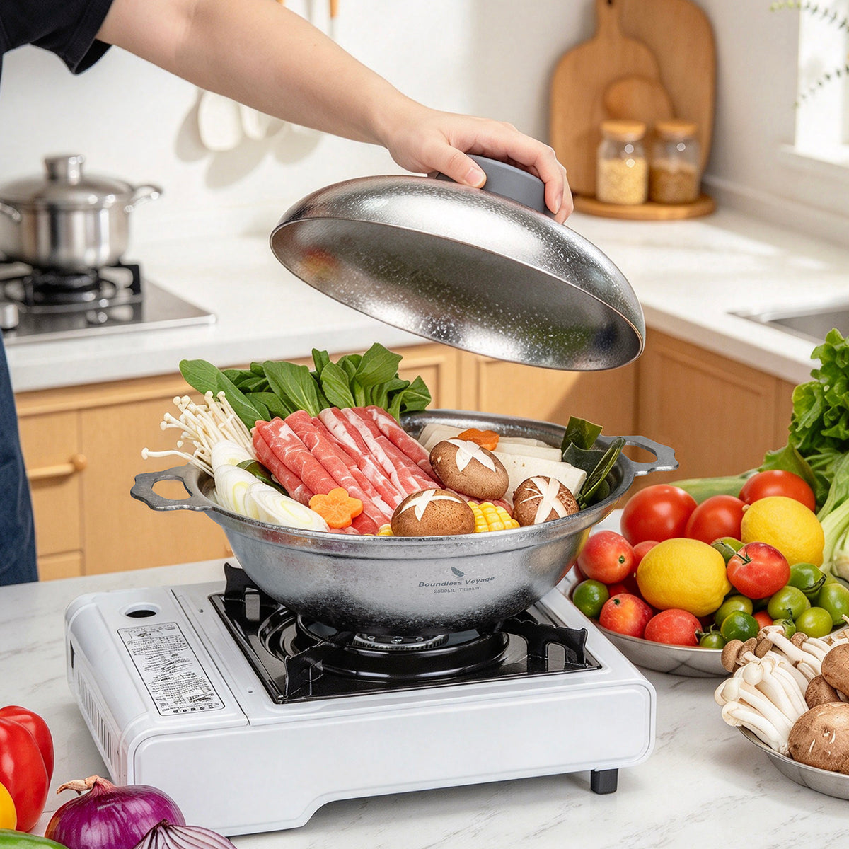 Simmering hot pot meal with beef, mushrooms, and vegetables in Boundless Voyage titanium pot