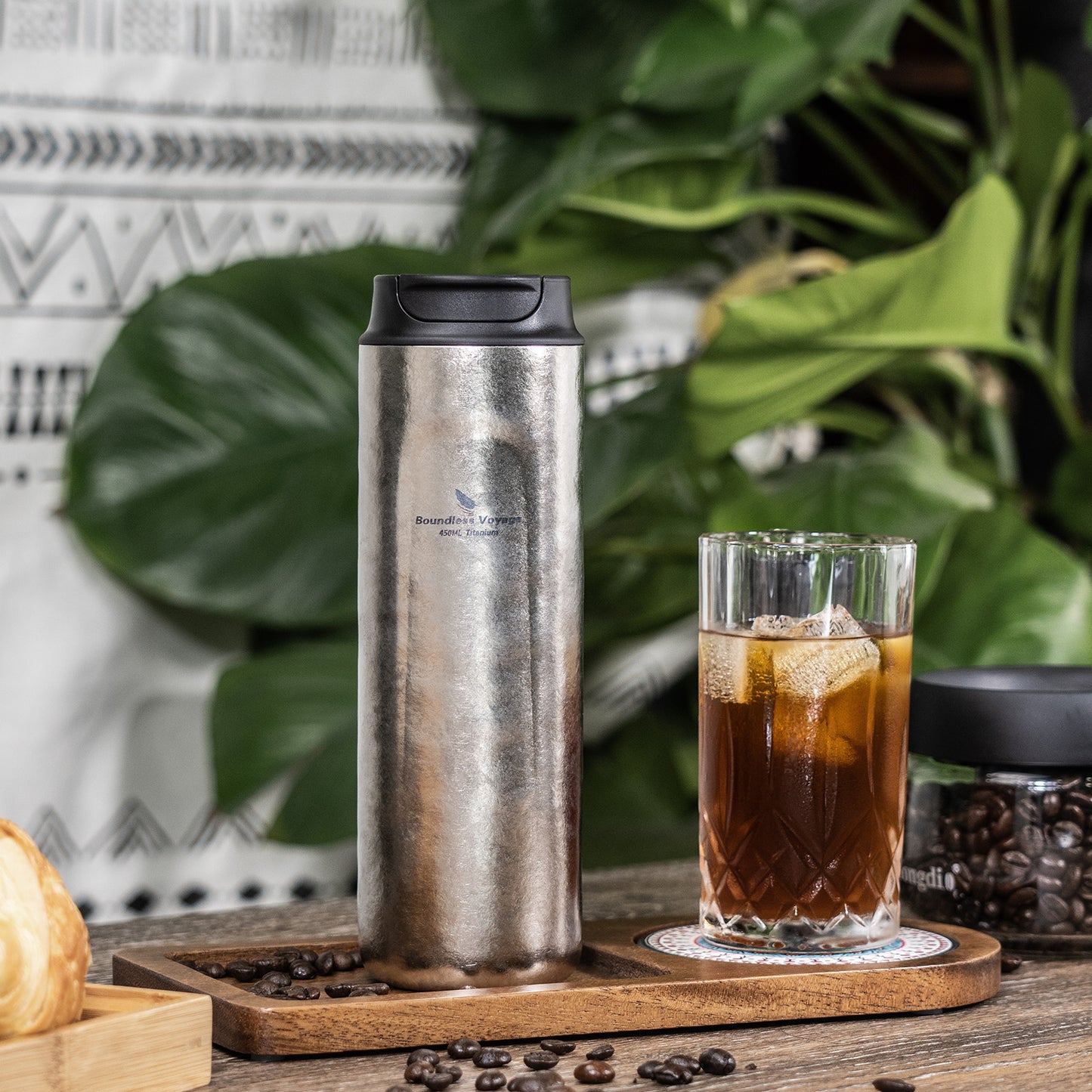 Boundless Voyage 450ml Double-Walled Insulated Titanium French Press Coffee Tumbler with Lid, Portable Filter Coffee Mug for Travel Daily Use Ti3255D