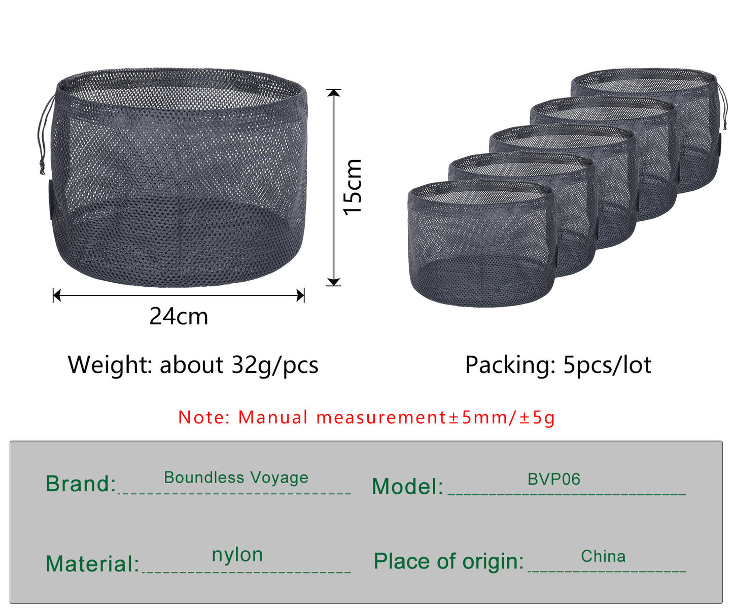 Boundless Voyage 5Pcs Nylon Mesh Storage Stuff Sacks, Drawstring Mesh Organizer Bags for Camping Gear, Clothes, Pot, Balls & Outdoor Supplies, 3 Sizes Optional BVP06/BVP07/BVP08