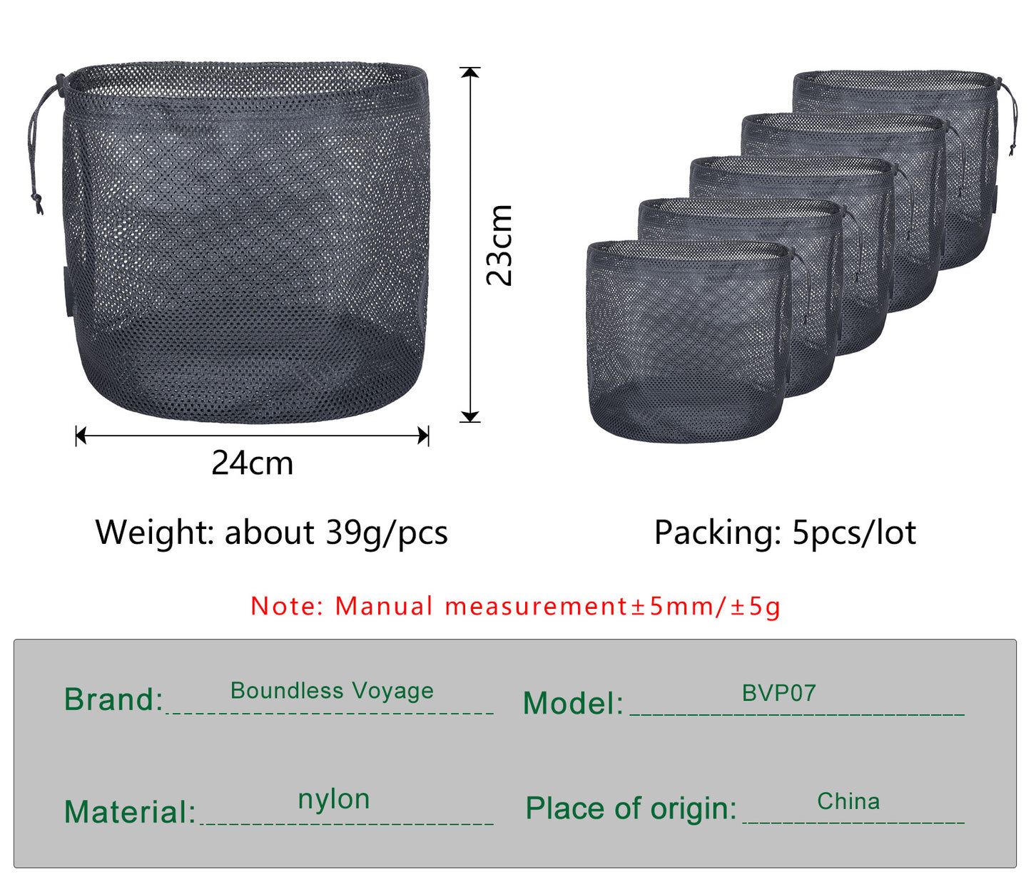 Boundless Voyage 5Pcs Nylon Mesh Storage Stuff Sacks, Drawstring Mesh Organizer Bags for Camping Gear, Clothes, Pot, Balls & Outdoor Supplies, 3 Sizes Optional BVP06/BVP07/BVP08