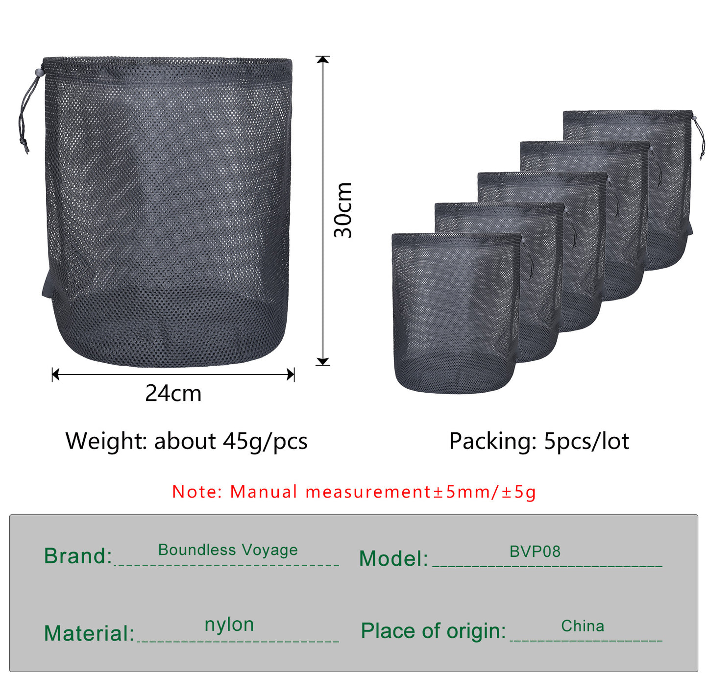 Boundless Voyage 5Pcs Nylon Mesh Storage Stuff Sacks, Drawstring Mesh Organizer Bags for Camping Gear, Clothes, Pot, Balls & Outdoor Supplies, 3 Sizes Optional BVP06/BVP07/BVP08
